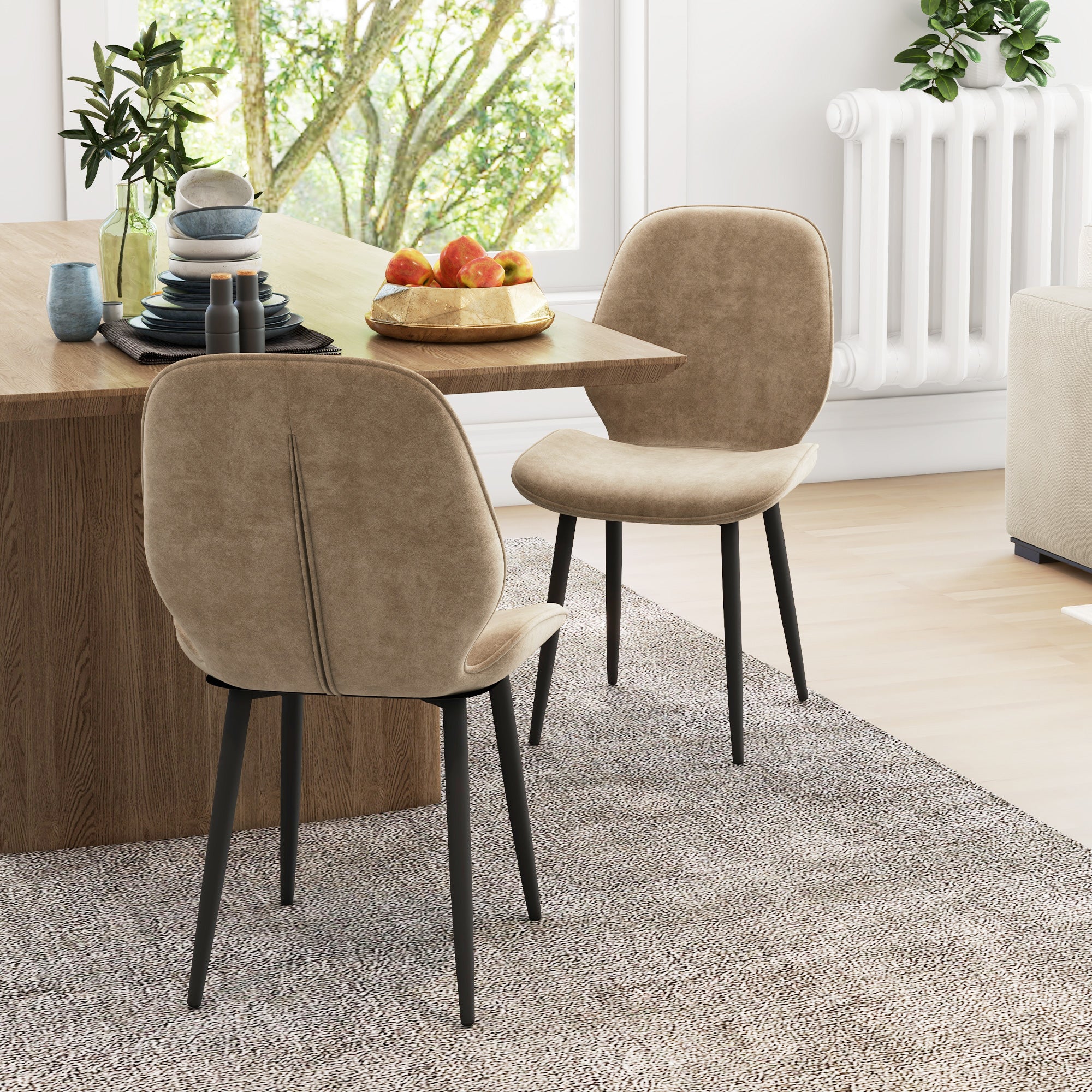 HOMCOM Dining Chairs Set of 2, Velvet Fabric Upholstered Kitchen Chairs with Solid Metal Legs for Dining Room, Living Room, Lounge, Light Brown