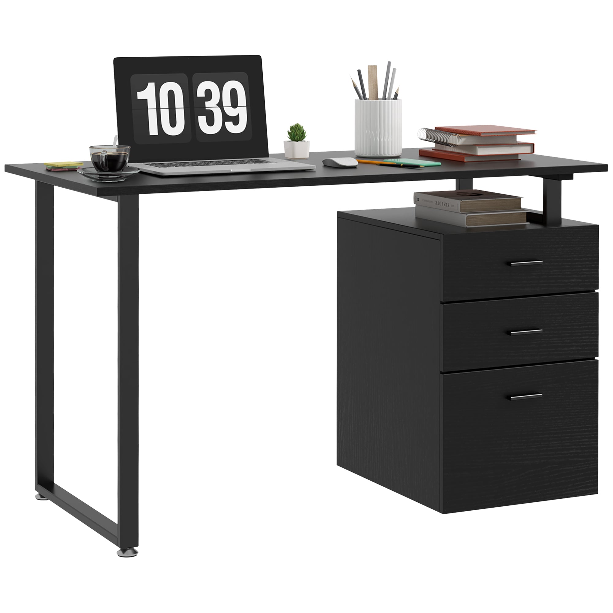 HOMCOM 47" L Computer Desk Writing Table Workstation with Multi-Use Reversible File Drawers Metal Frame Home Office Furniture, Black