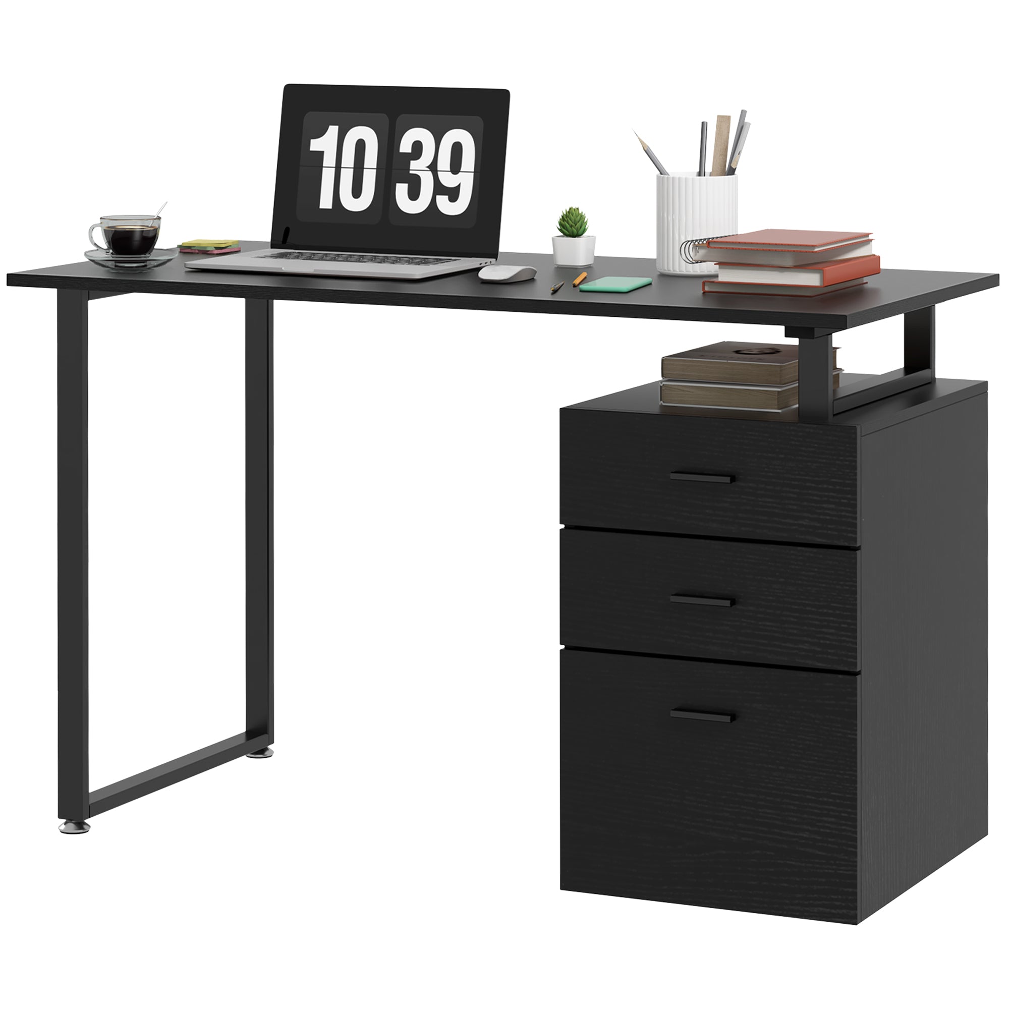 HOMCOM 47" L Computer Desk Writing Table Workstation with Multi-Use Reversible File Drawers Metal Frame Home Office Furniture, Black