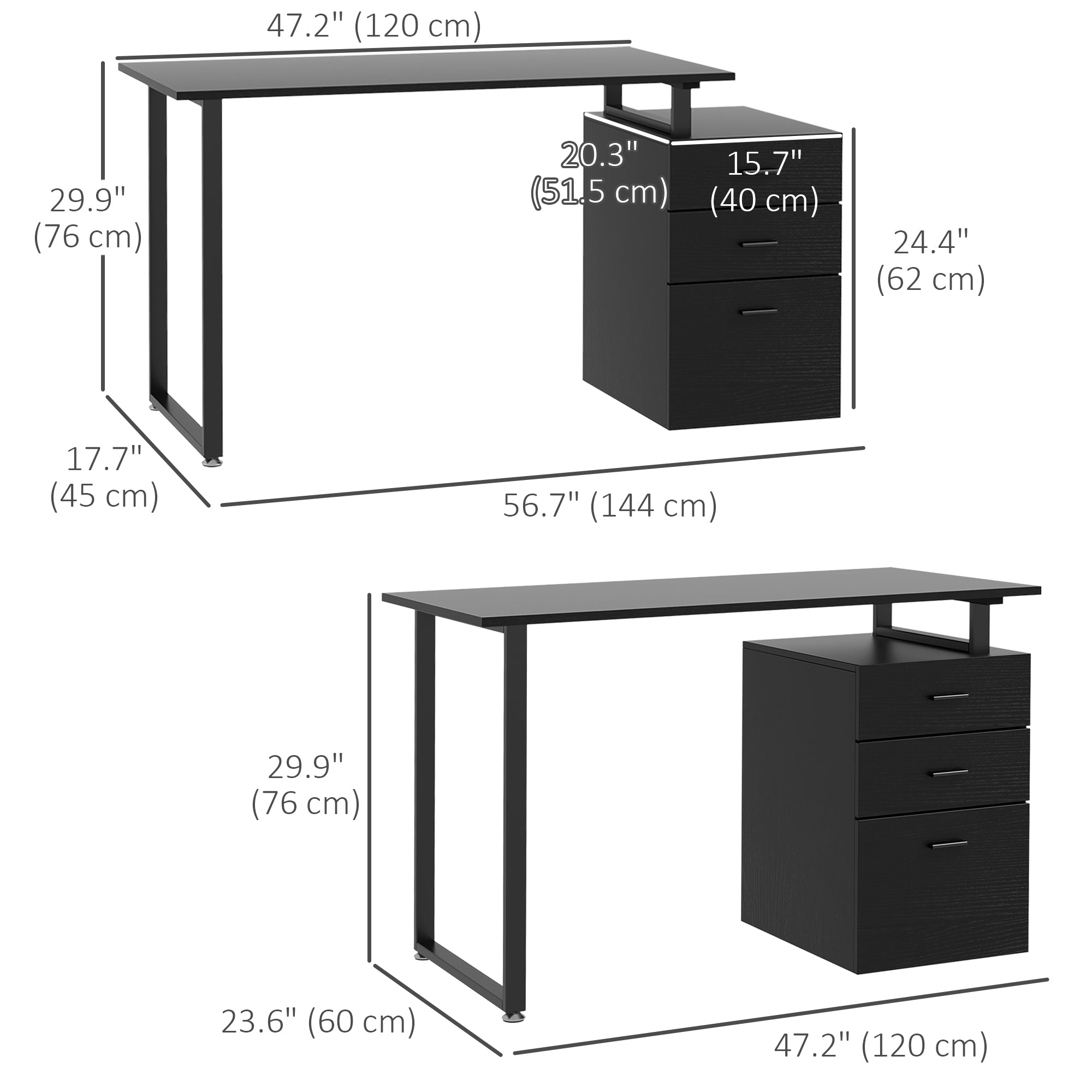 HOMCOM 47" L Computer Desk Writing Table Workstation with Multi-Use Reversible File Drawers Metal Frame Home Office Furniture, Black