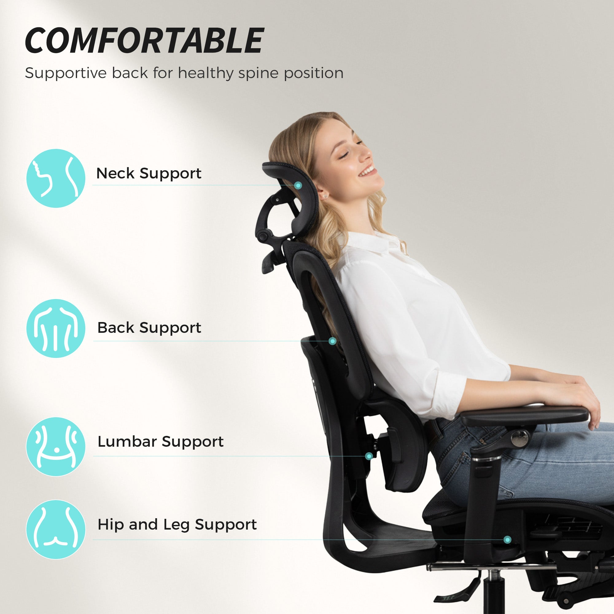 Ergonomic Office Chair, Mesh Computer Desk Chair with 6D Armrests, Adjustable Headrest, Lumbar Support and Seat Depth, Footrest, High Back, Reclining Backrest, Black