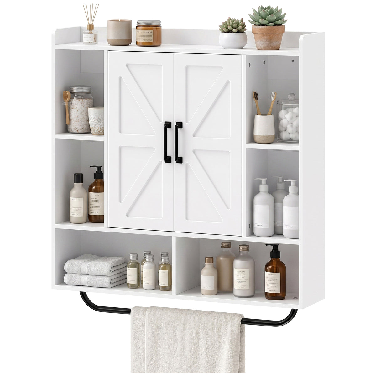 Bathroom Wall Cabinet, Medicine Cabinet Wall Mounted with Open and Hidden Storage Space, Over the Toilet Space Saver with Towel Bar for Bathroom and Living Room, White