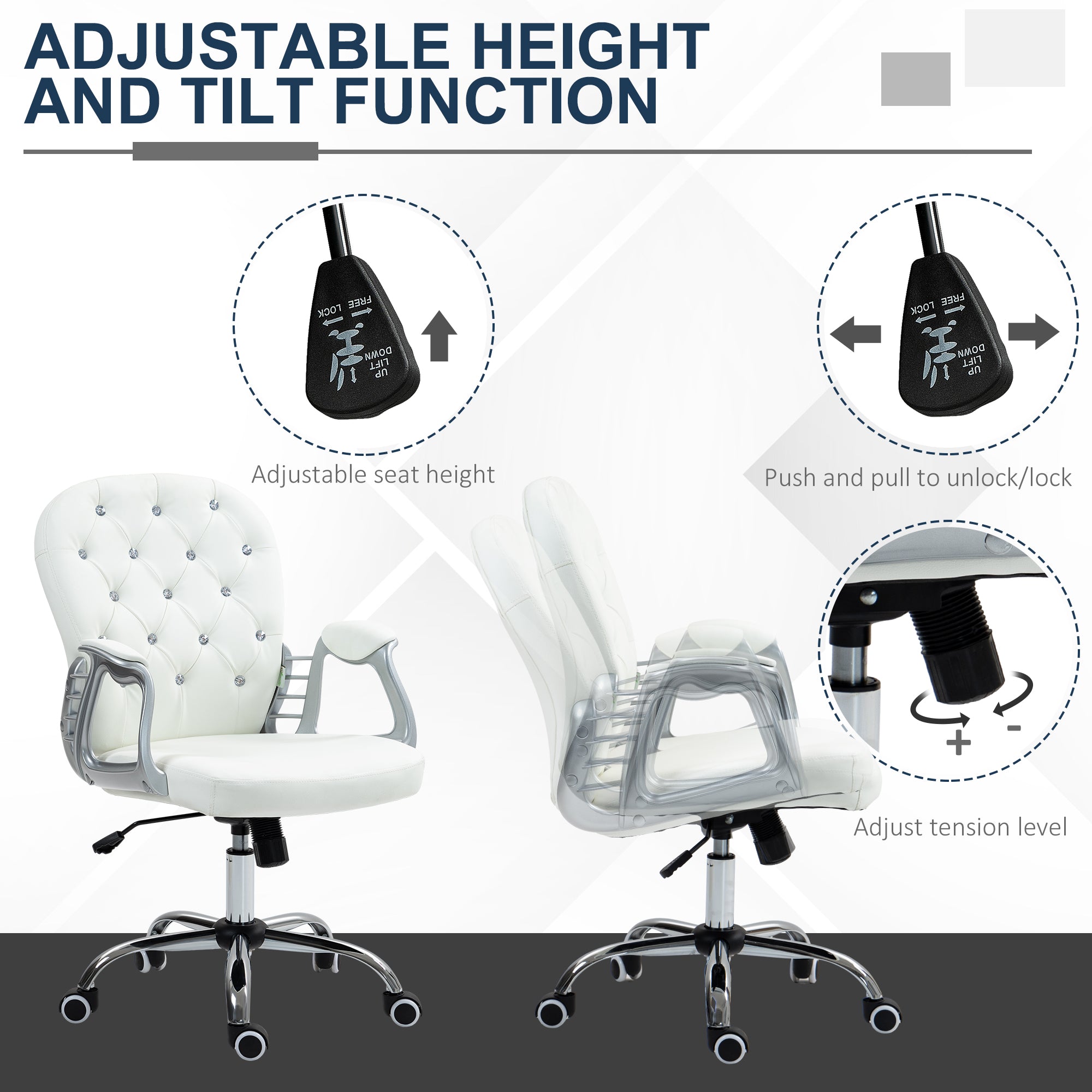 Vinsetto Office Chair, Swivel Desk Chair, PU Vanity Chair with Adjustable Height and Rolling Wheels for Home Work Study, White