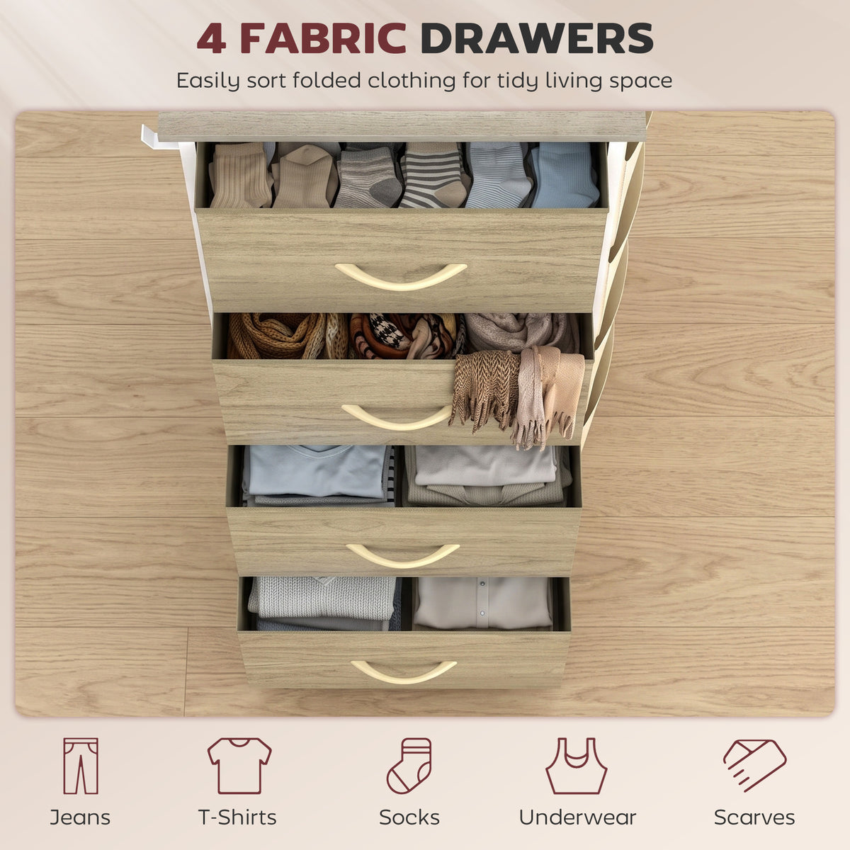 Chest of Drawers, Dresser for Bedroom with 4 Fabric Drawers, Tall Storage Unit with 4 Pockets, 2 Hooks and Steel Frame for Living Room, Hallway, Natural Wood Finish