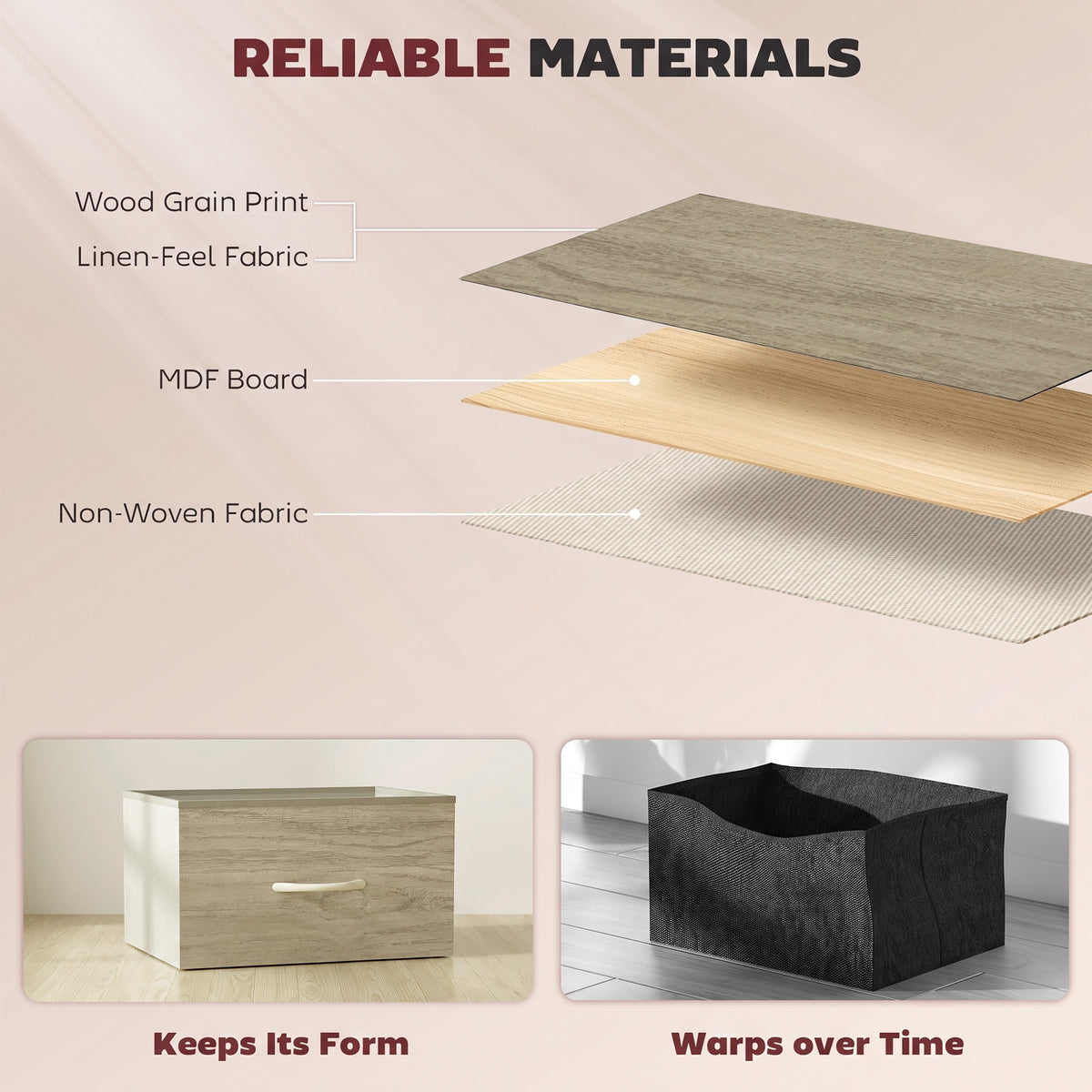 Chest of Drawers, Dresser for Bedroom with 4 Fabric Drawers, Tall Storage Unit with 4 Pockets, 2 Hooks and Steel Frame for Living Room, Hallway, Natural Wood Finish