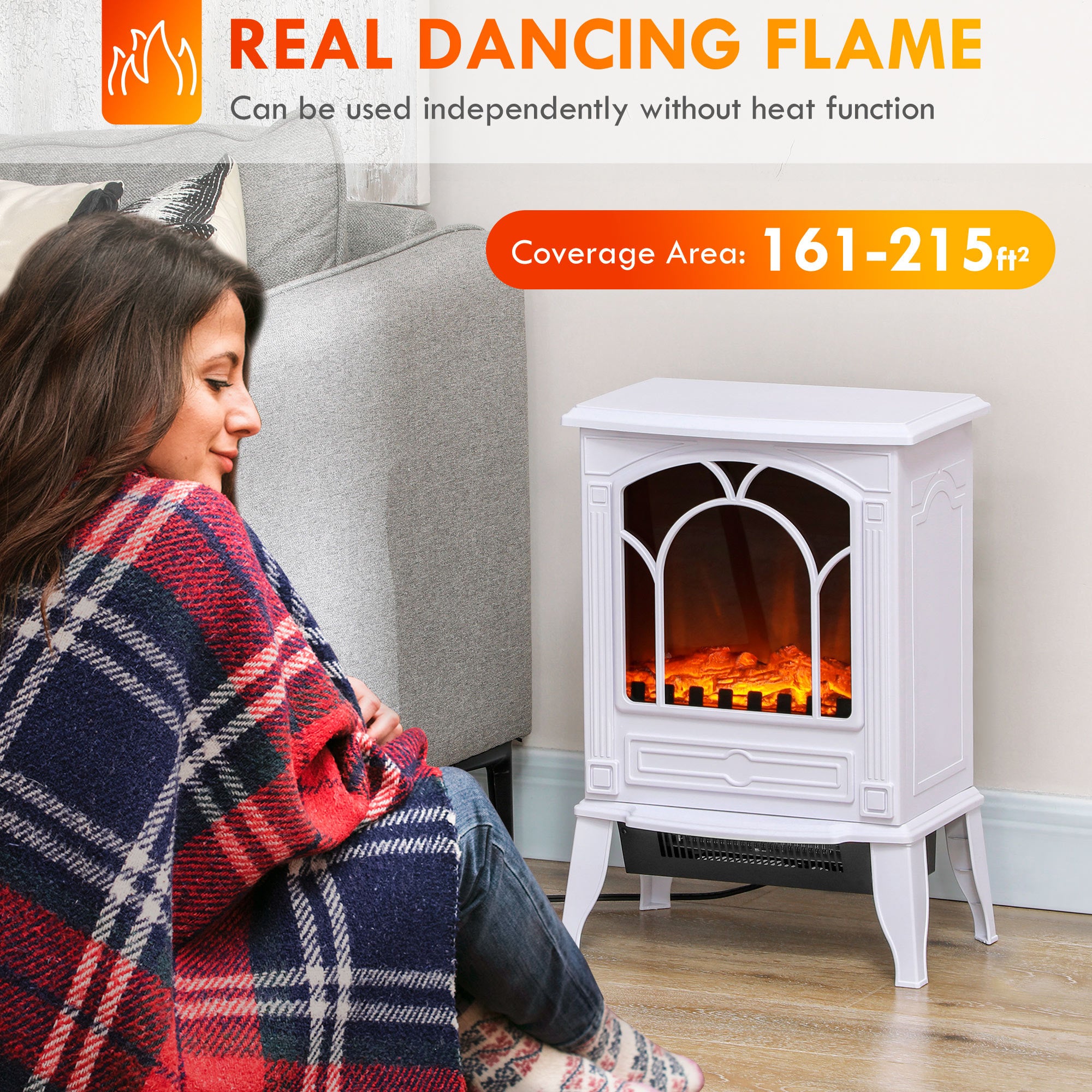 Realistic Electric Fireplace for Indoor Use 3D Flame Freestanding Stove 750W/1500W White