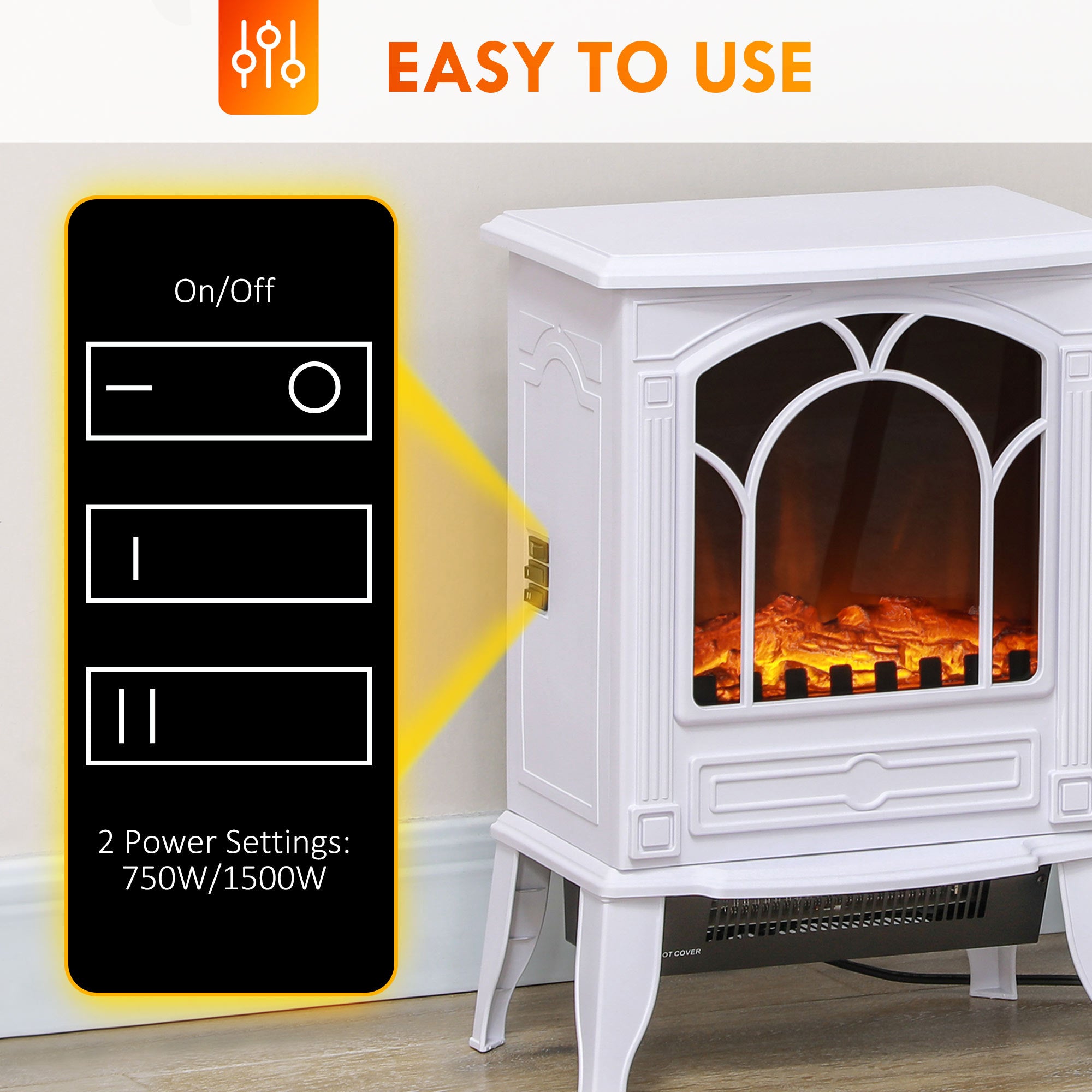 Realistic Electric Fireplace for Indoor Use 3D Flame Freestanding Stove 750W/1500W White