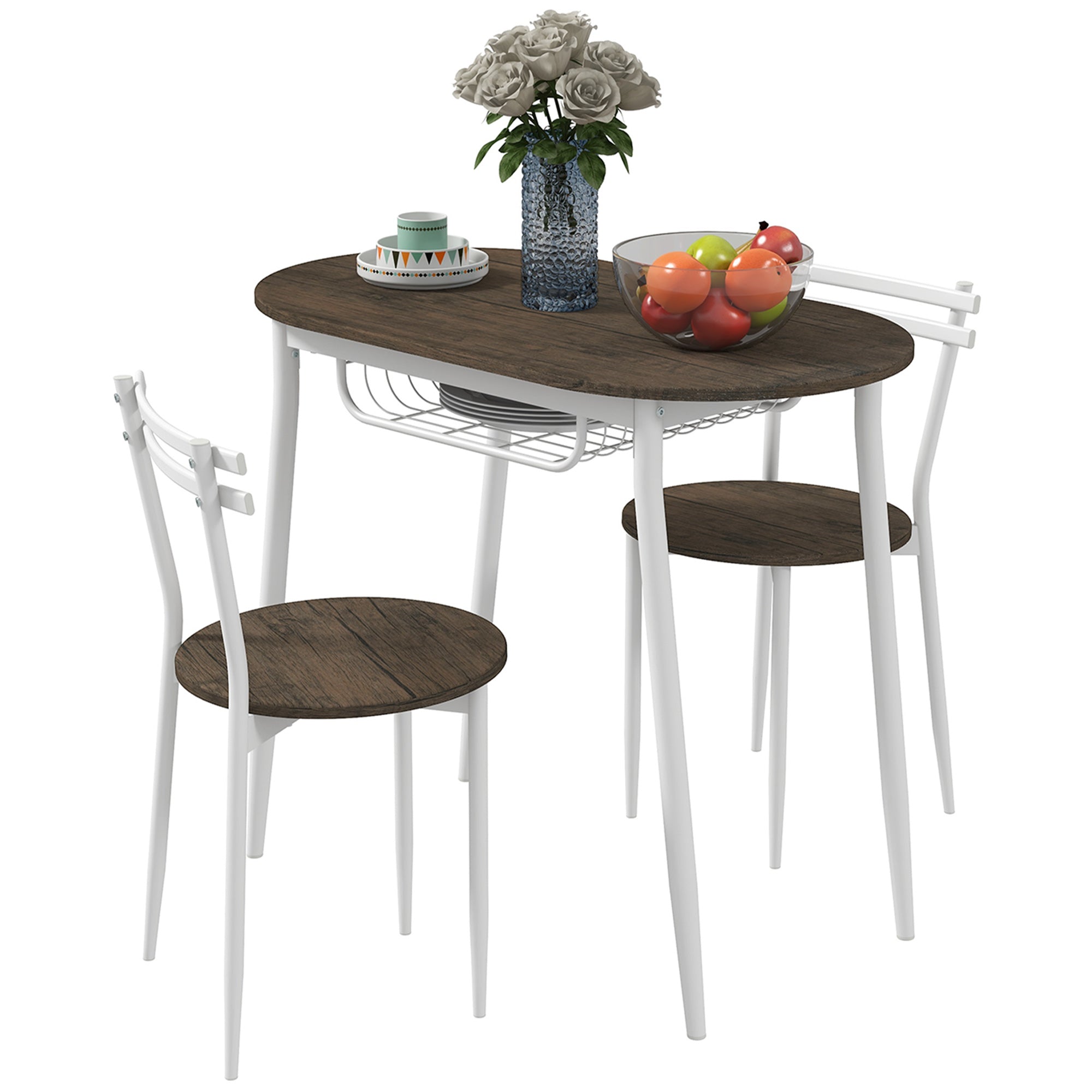 HOMCOM 3-Piece Dining Table and Chairs Set, Oval Kitchen Table with 2 Chairs, with Wire Storage Shelf and Steel Frame, Natural