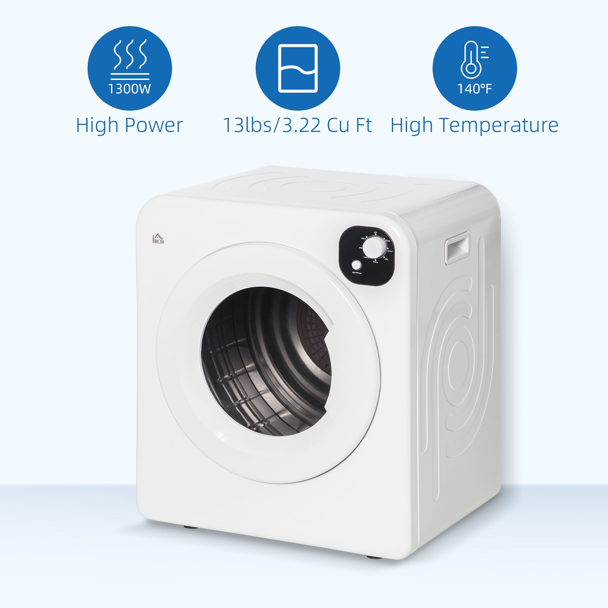 Compact Laundry Dryer 1300W Portable Clothes Dryer with 3.2 cu.ft Stainless Steel Drum, Front Load Electric Dryer, White