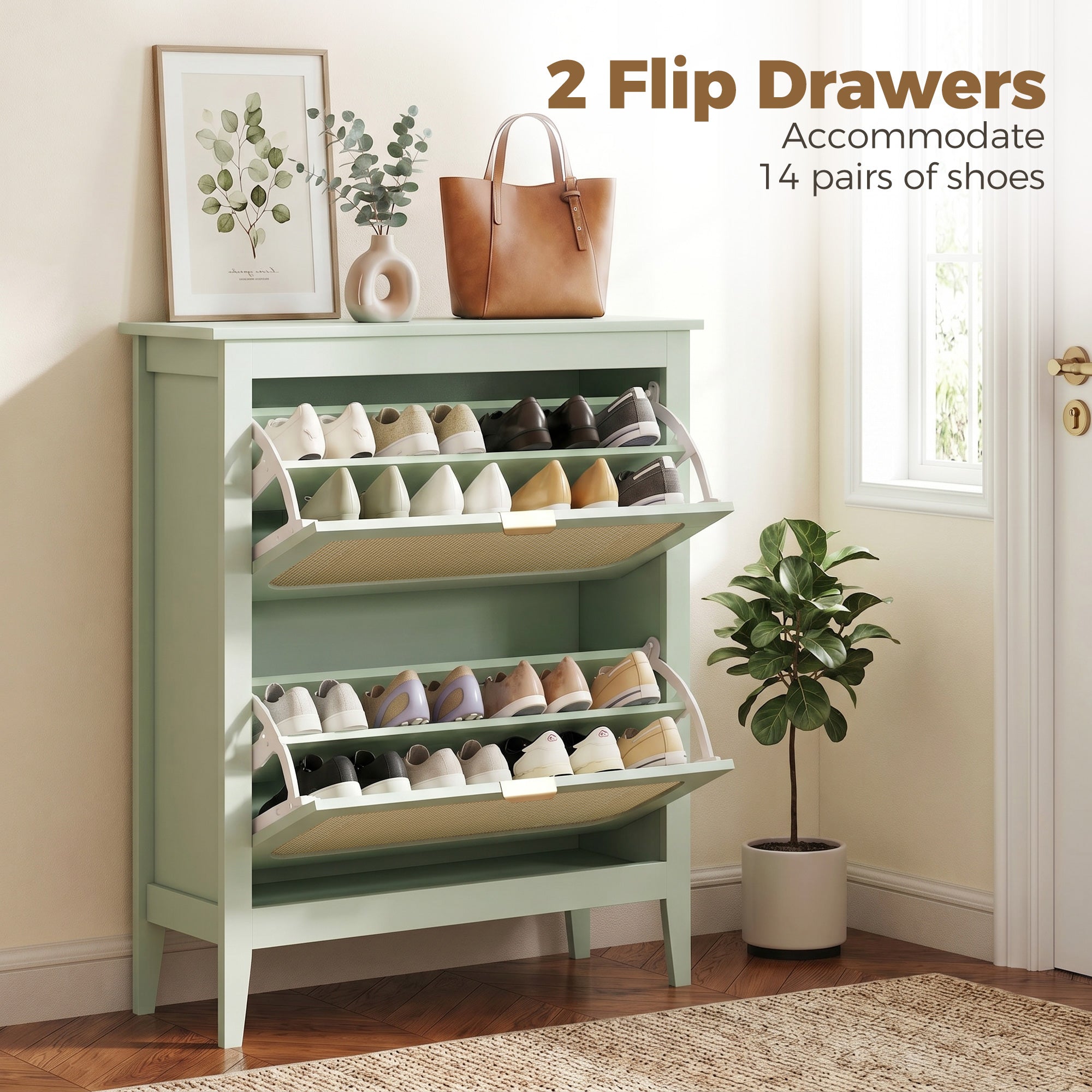 Shoe Storage Cabinet with 2 Flip Drawers, Boho Slim Shoe Cabinet with Rattan Doors for Entryway, Hallway, Holds 14 Pairs, Light Green