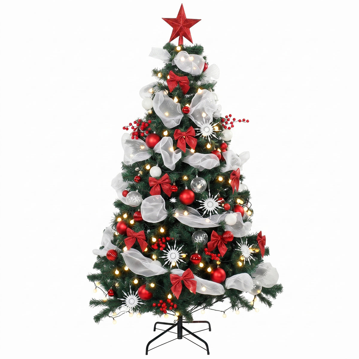 6ft Prelit Christmas Tree Spruce, Remote, Hinged, Artificial Xmas Tree with 8 Modes, 800 Tips, 200 LEDs, Balls, Ribbons, Bows, Foldable Metal Base, Green and Red
