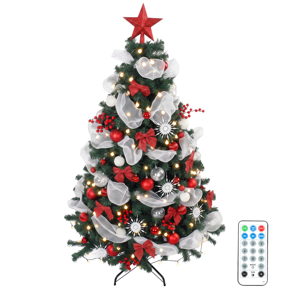 6ft Prelit Christmas Tree Spruce, Remote, Hinged, Artificial Xmas Tree with 8 Modes, 800 Tips, 200 LEDs, Balls, Ribbons, Bows, Foldable Metal Base, Green and Red