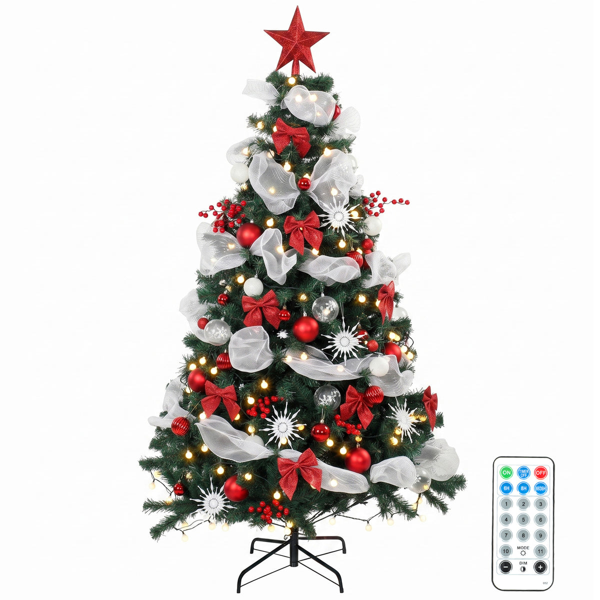 6ft Prelit Christmas Tree Spruce, Remote, Hinged, Artificial Xmas Tree with 8 Modes, 800 Tips, 200 LEDs, Balls, Ribbons, Bows, Foldable Metal Base, Green and Red