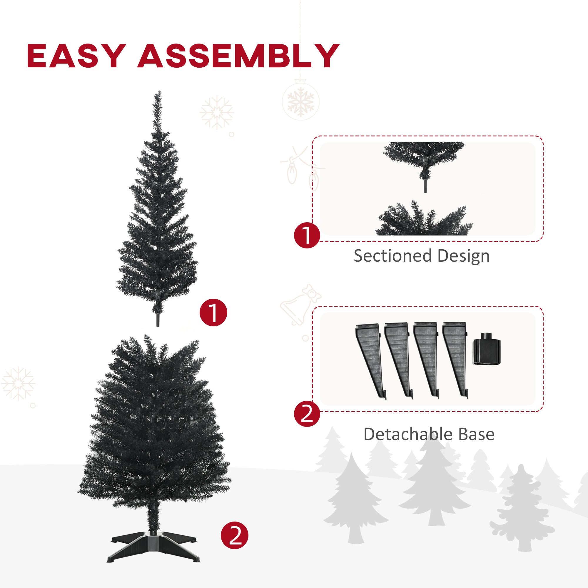 5' Artificial Pencil Christmas Tree Slim Xmas Tree with 294 Realistic Branch Tips and Stand Black