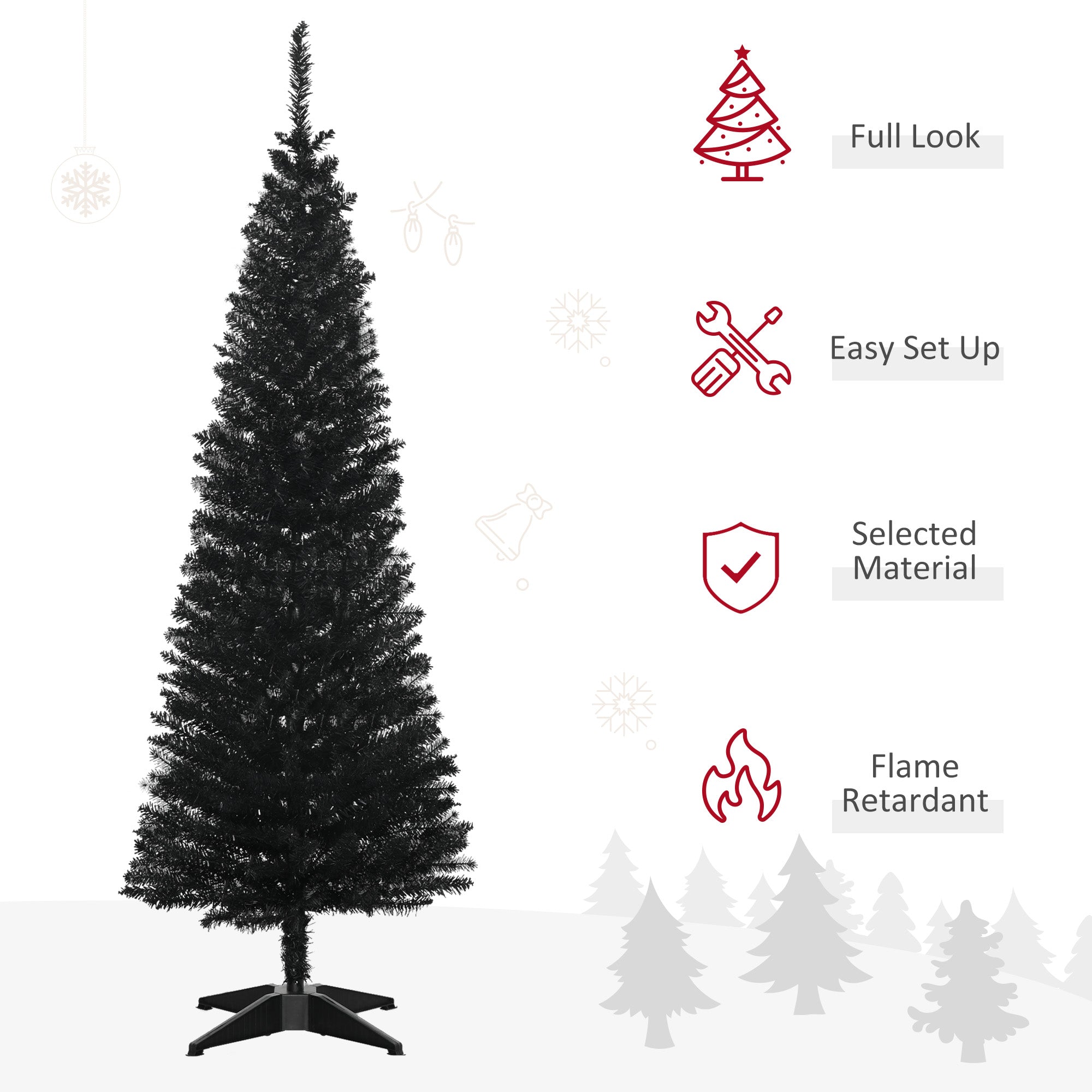 5' Artificial Pencil Christmas Tree Slim Xmas Tree with 294 Realistic Branch Tips and Stand Black