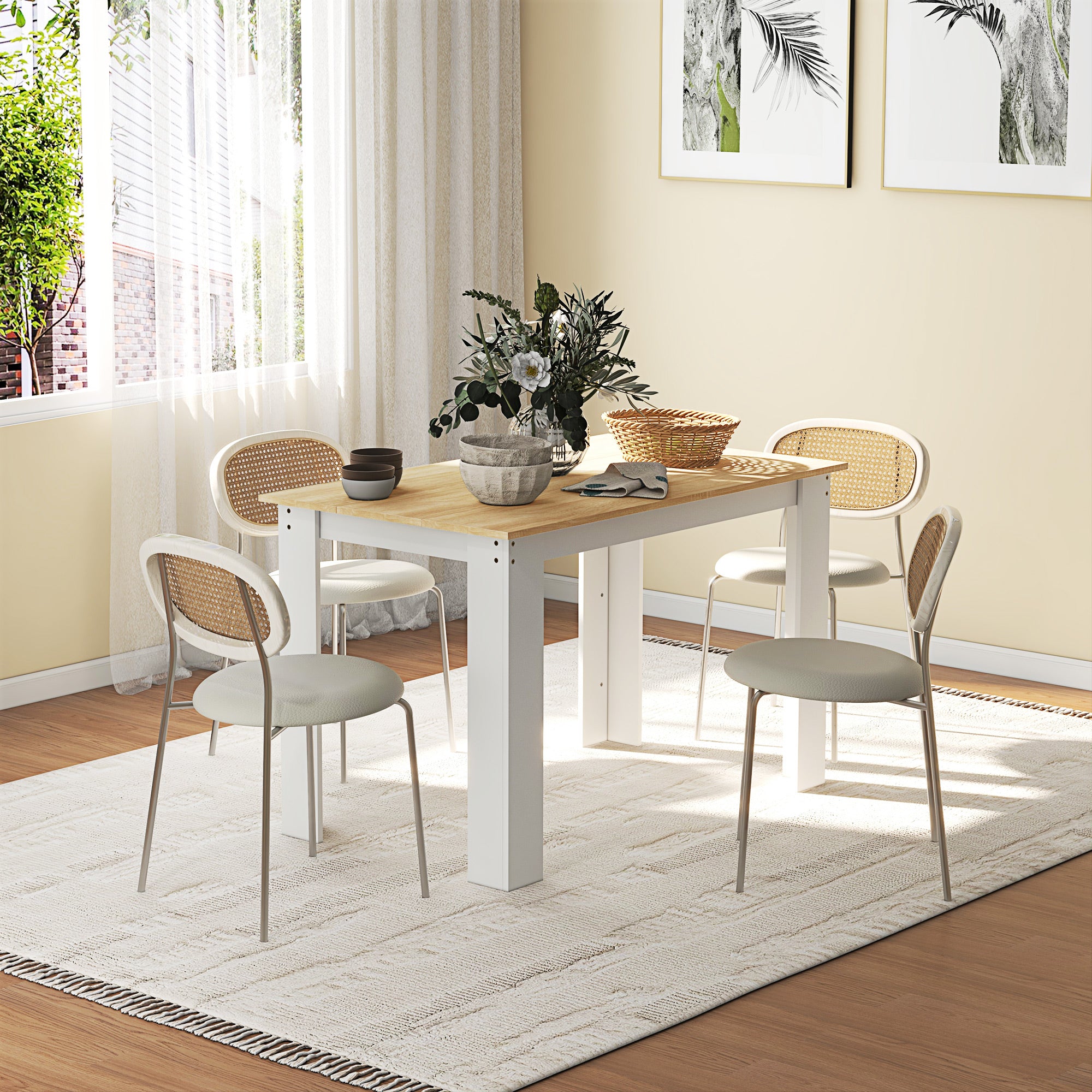 Dining Table for 4 to 6, 120W x 69D x 75H cm, Modern Kitchen Table with Wood Effect Tabletop for Dining Room, Kitchen, Living Room, Oak and White