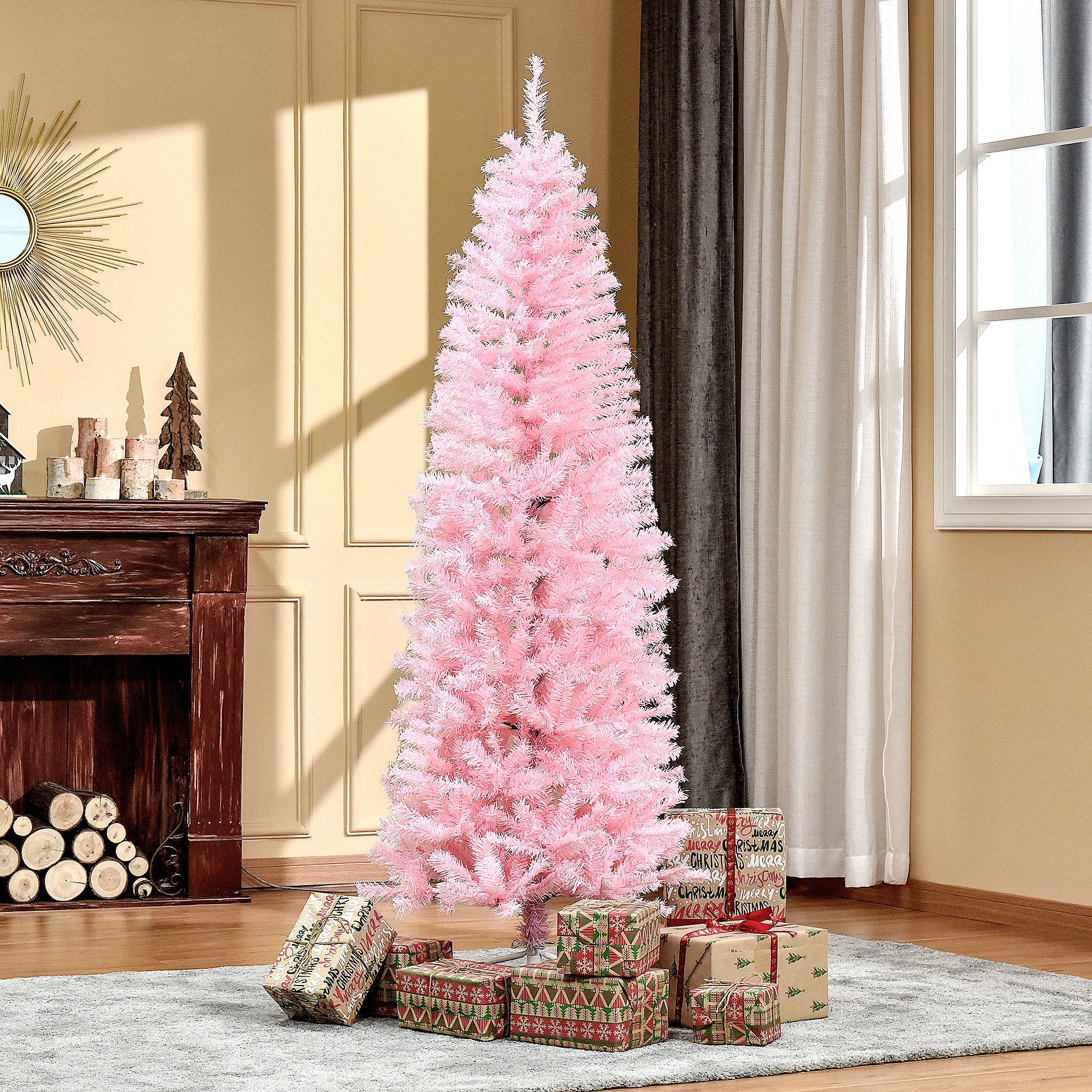 HOMCOM 6FT Artificial Christmas Tree Holiday Xmas Holiday Pencil Tree Decoration with Automatic Open for Home Party, Pink