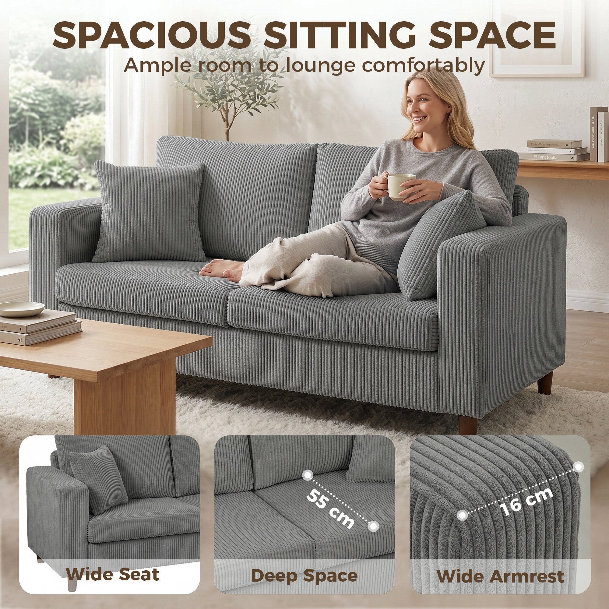 2 Seater Sofa, 170 cm Comfy Corduroy Couch with Wide Deep Seat, Wide Armrests, Spring Cushion, Thick Padded, Solid Wood Legs, Loveseat Sofa for Living Room, Light Grey