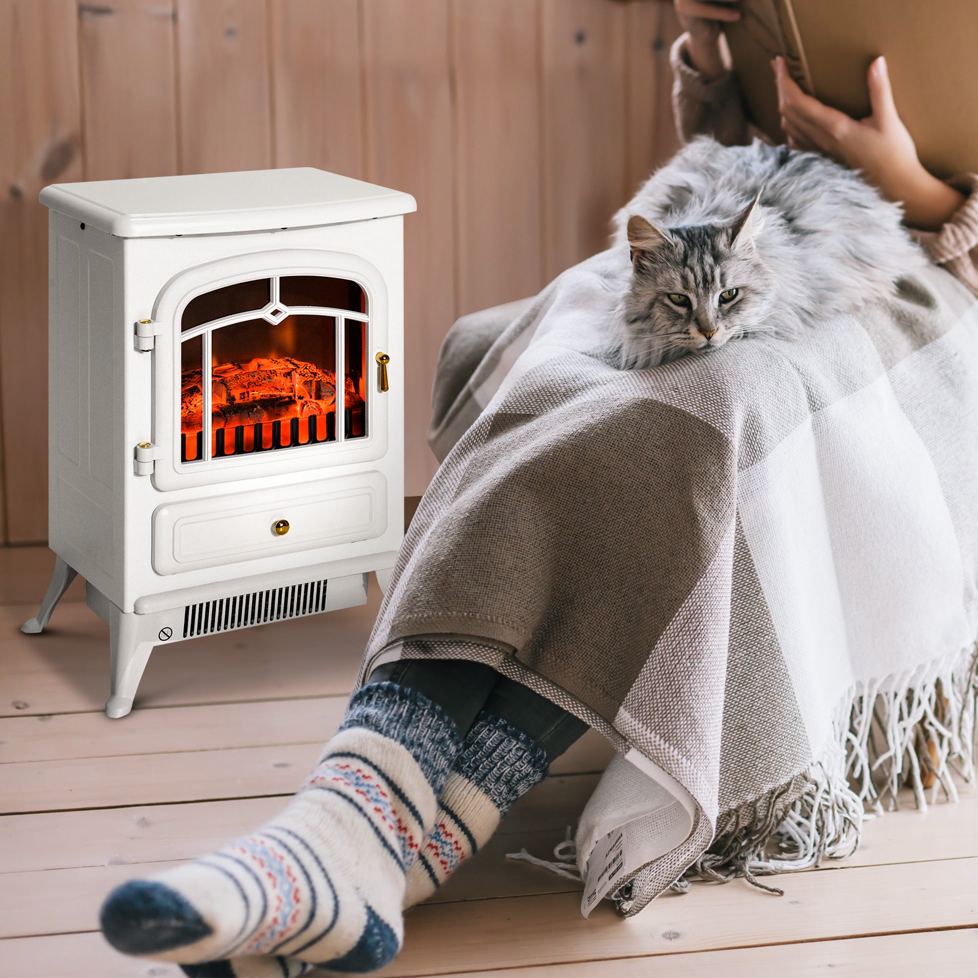 Electric Fireplace Stove Heater with Realistic LED Flames and Logs 750W/1500W 16.25" x 11" x 21.5" White