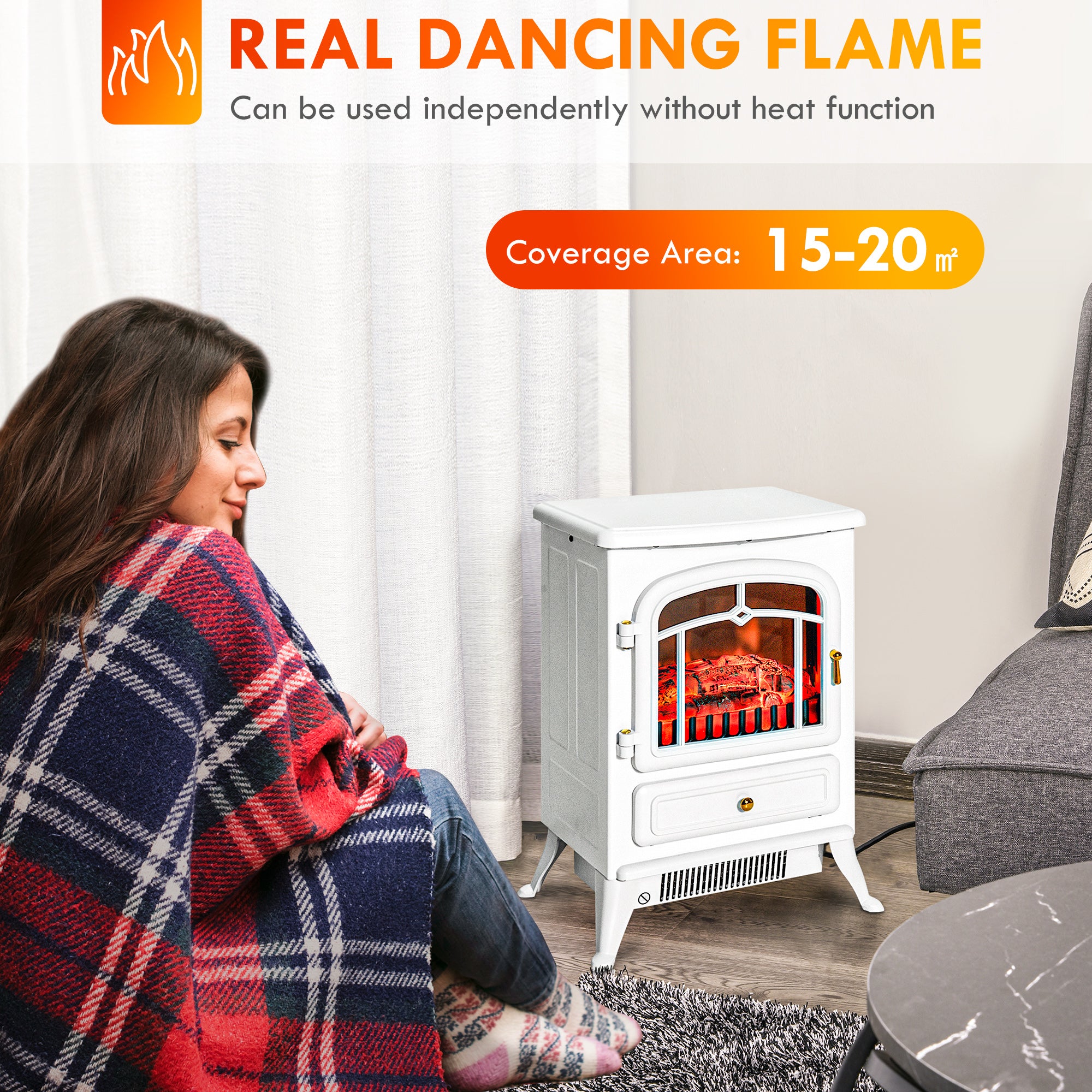 Electric Fireplace Stove Heater with Realistic LED Flames and Logs 750W/1500W 16.25" x 11" x 21.5" White