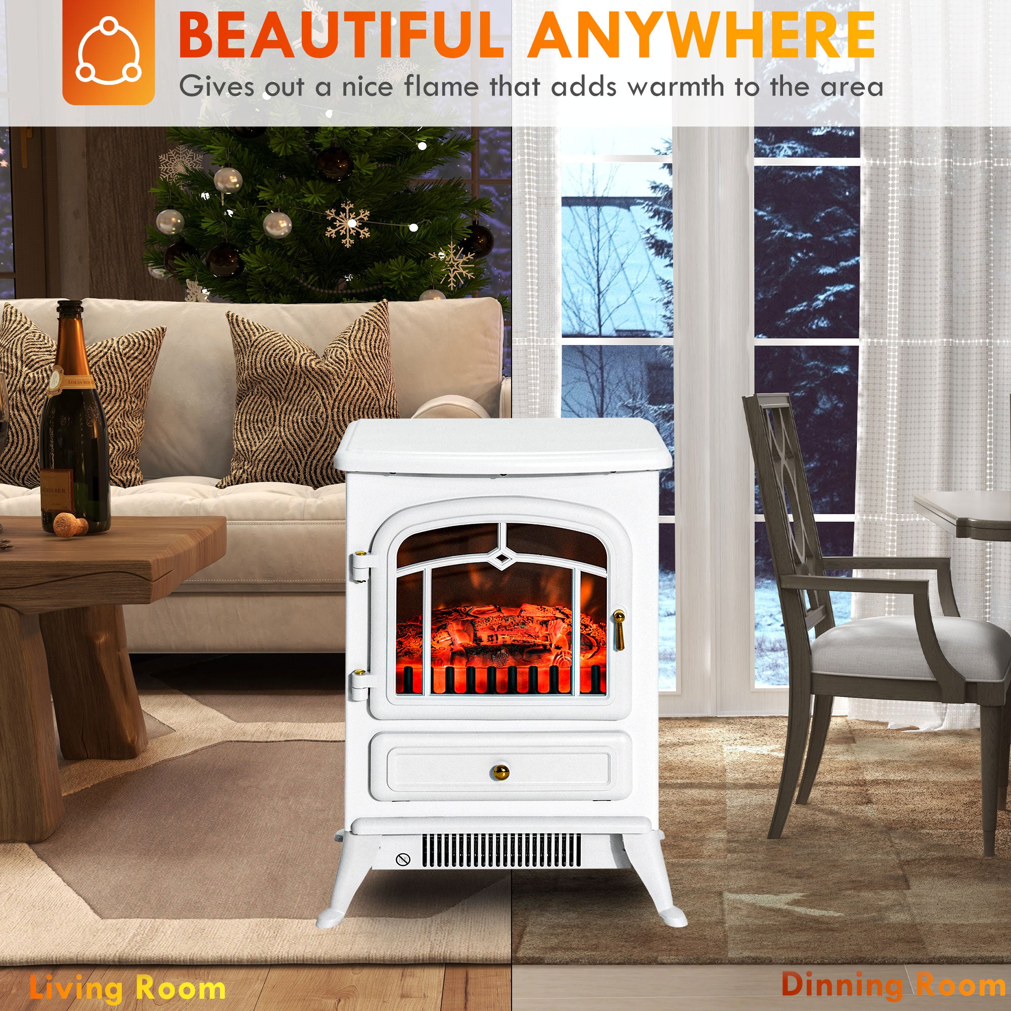 Electric Fireplace Stove Heater with Realistic LED Flames and Logs 750W/1500W 16.25" x 11" x 21.5" White