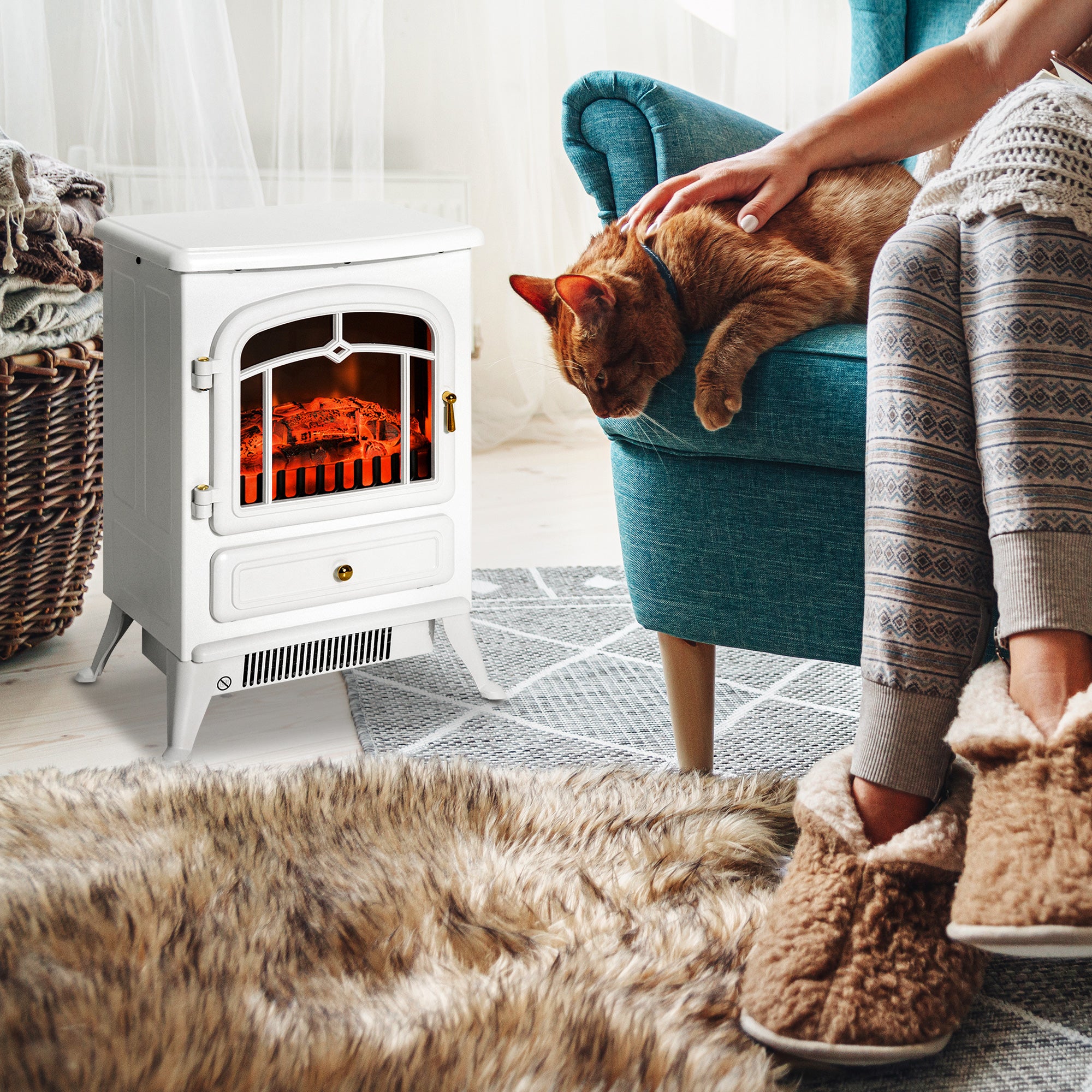 Electric Fireplace Stove Heater with Realistic LED Flames and Logs 750W/1500W 16.25" x 11" x 21.5" White