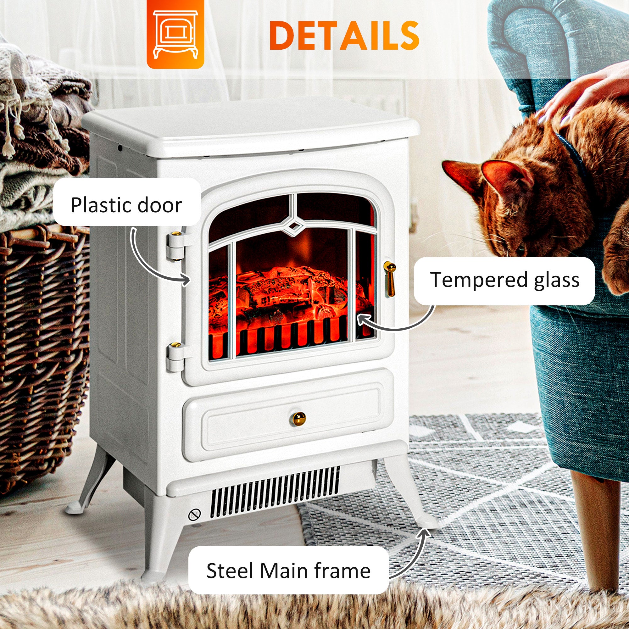 Electric Fireplace Stove Heater with Realistic LED Flames and Logs 750W/1500W 16.25" x 11" x 21.5" White