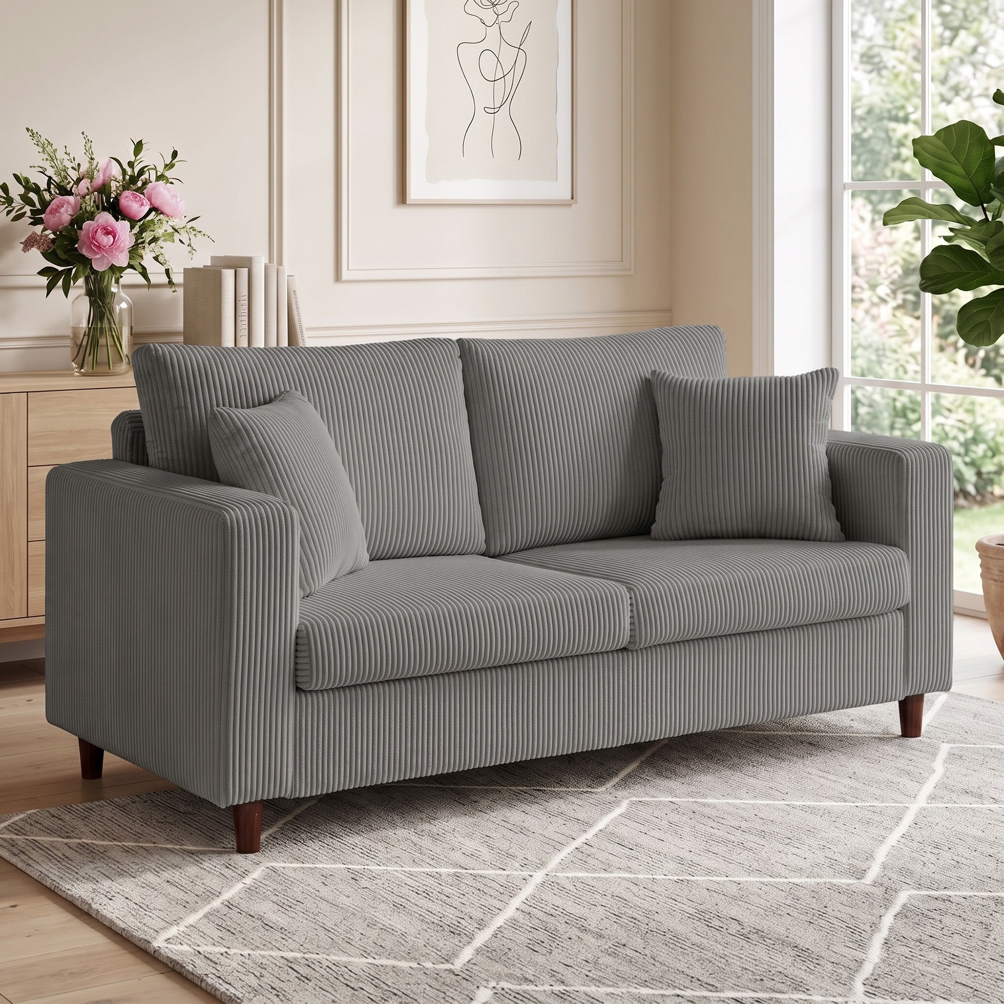 2 Seater Sofa, 170 cm Comfy Corduroy Couch with Wide Deep Seat, Wide Armrests, Spring Cushion, Thick Padded, Solid Wood Legs, Loveseat Sofa for Living Room, Light Grey