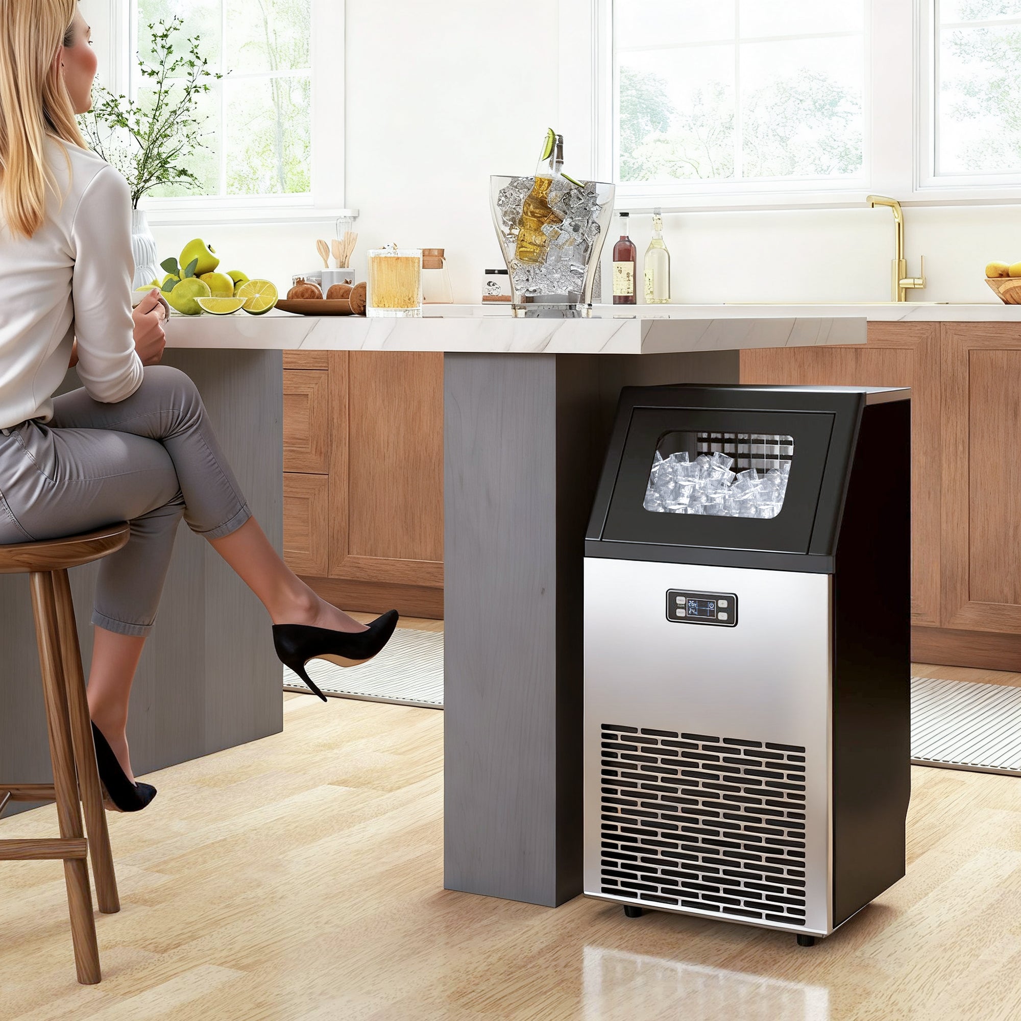 Commercial Ice Maker Machine, Freestanding Stainless Steel Ice Machine with Self-Cleaning, LCD Display, 45kg/24 Hours and 11kg Storage for Home, Office, Bar, Restaurant