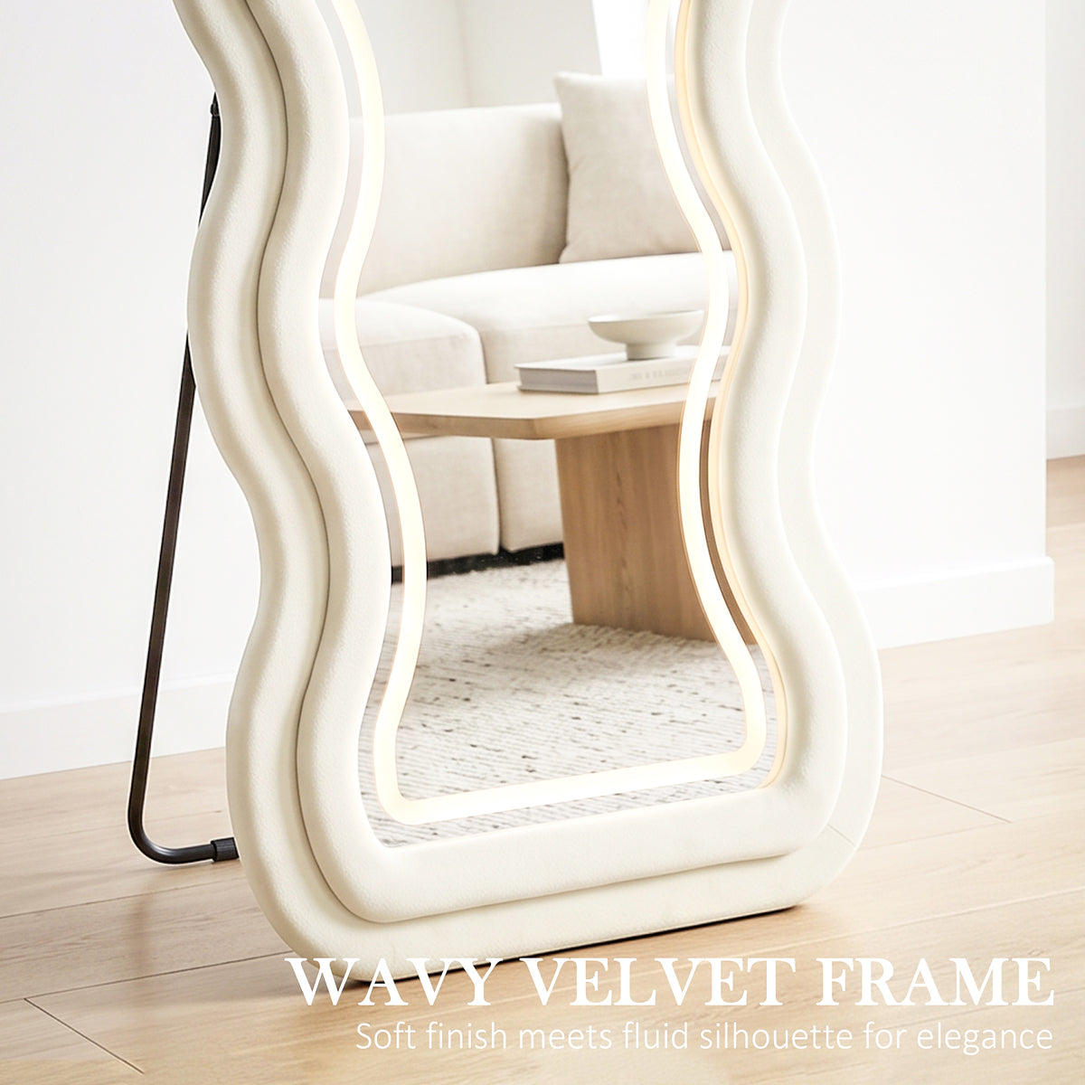 Full Length Mirror, 160 x 60 cm Arched Large Full Body Standing Mirror with Velvet Frame, HD Tempered Glass, Floor Standing, Wall Hanging or Leaning for Bedroom,  Living Room, Cream White