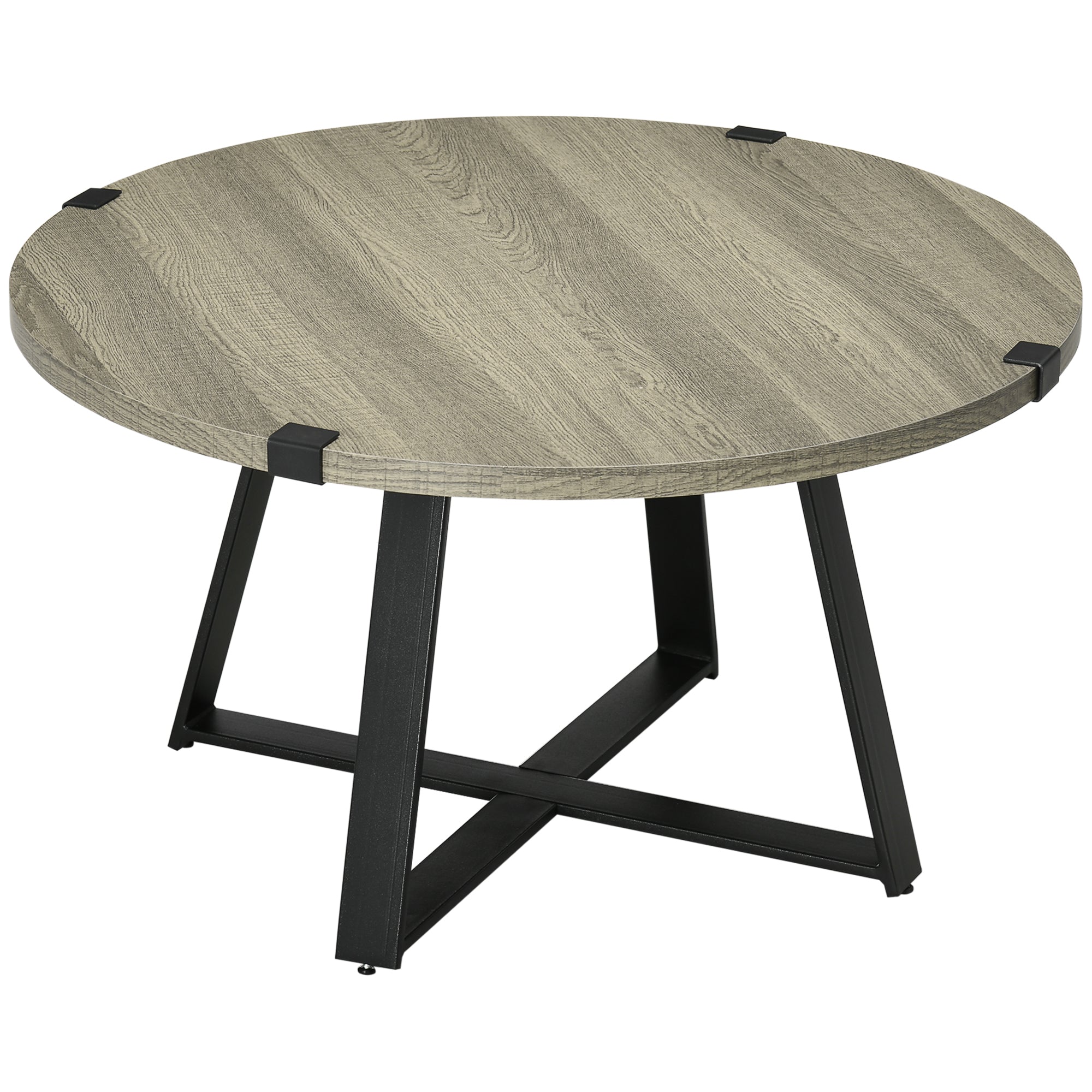 Round Coffee Table Retro Cocktail Table with Steel Crossed Legs Aesthetic Living Room Table Light Gray