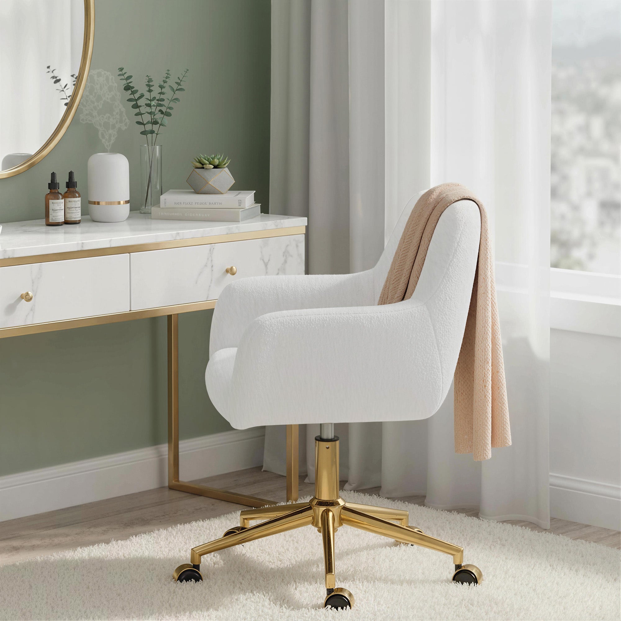 Swivel Office Chair, Faux Rabbit Fur Upholstered Vanity Desk Chair with Adjustable Height, Armrests and Wheels for Office, Makeup, Dressing Table, Cream White
