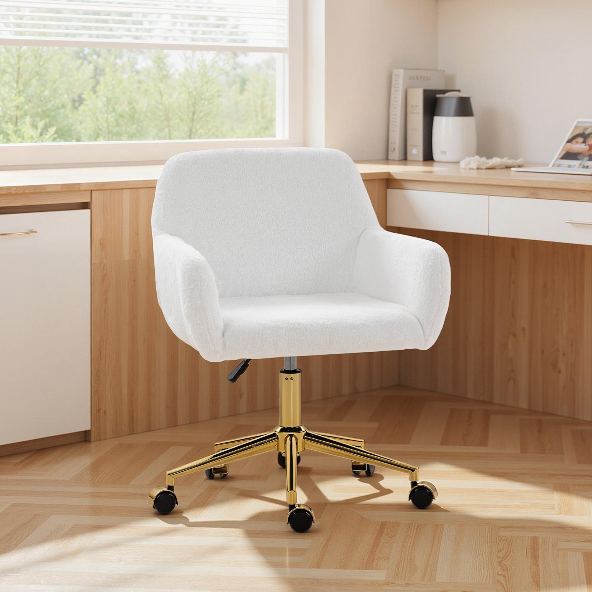 Swivel Office Chair, Faux Rabbit Fur Upholstered Vanity Desk Chair with Adjustable Height, Armrests and Wheels for Office, Makeup, Dressing Table, Cream White