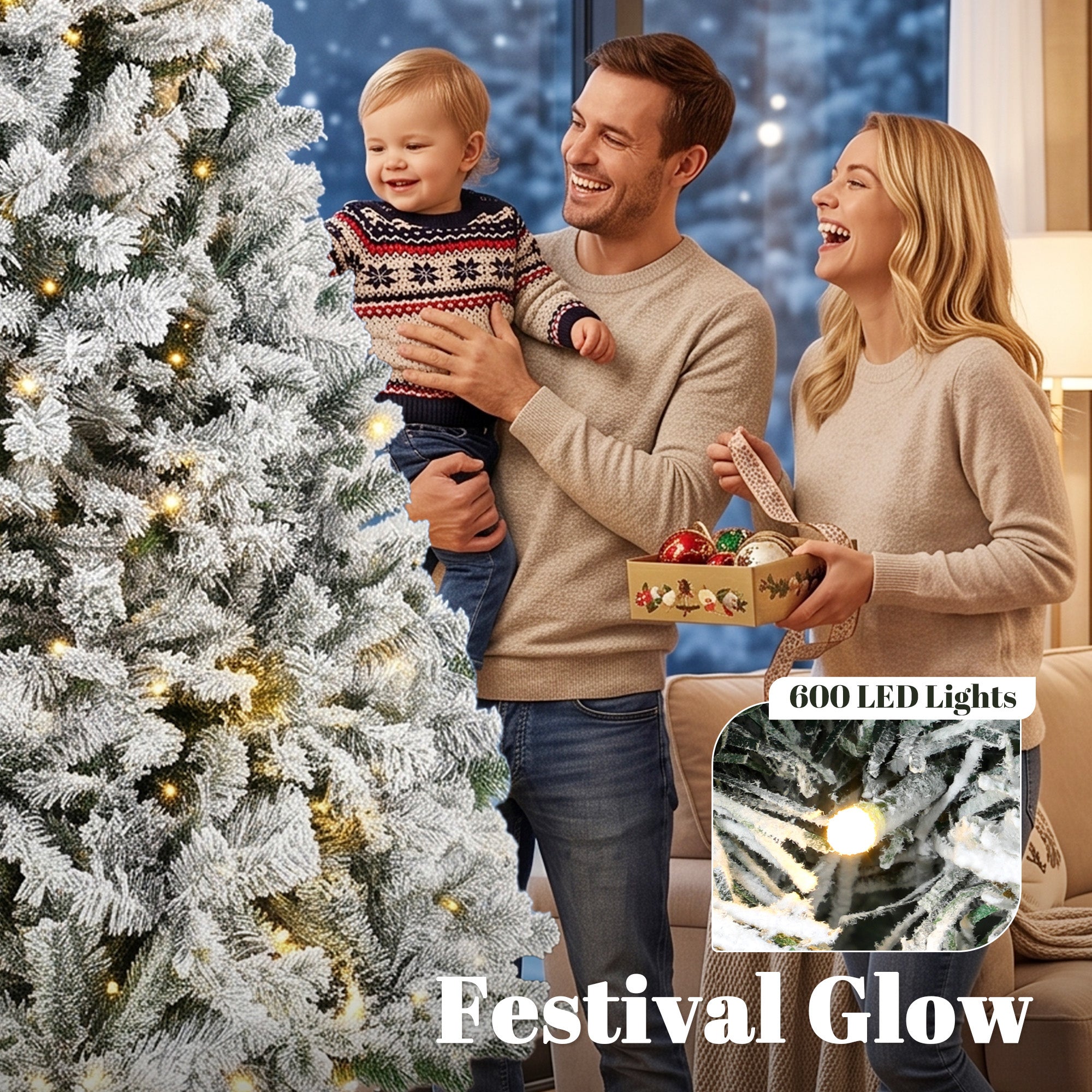 9ft Flocked Prelit Christmas Tree, Fraser Fir, Hinged Xmas Tree with 1852 Branch Tips, 600 Warm White LED Lights, Foldable Metal Base for Indoor Holiday Decor, Green White