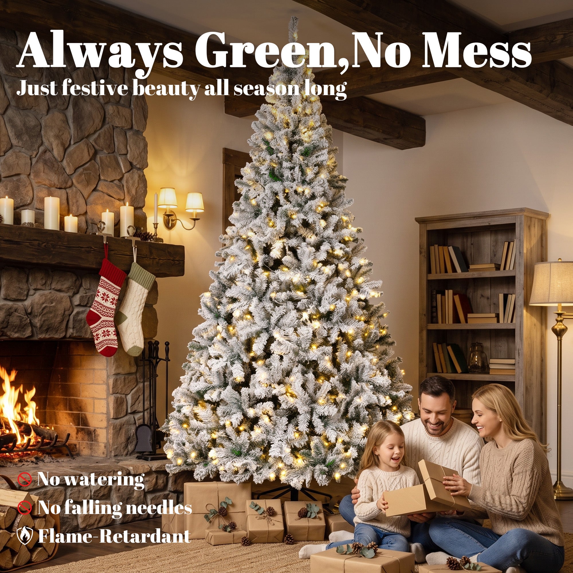 9ft Flocked Prelit Christmas Tree, Fraser Fir, Hinged Xmas Tree with 1852 Branch Tips, 600 Warm White LED Lights, Foldable Metal Base for Indoor Holiday Decor, Green White