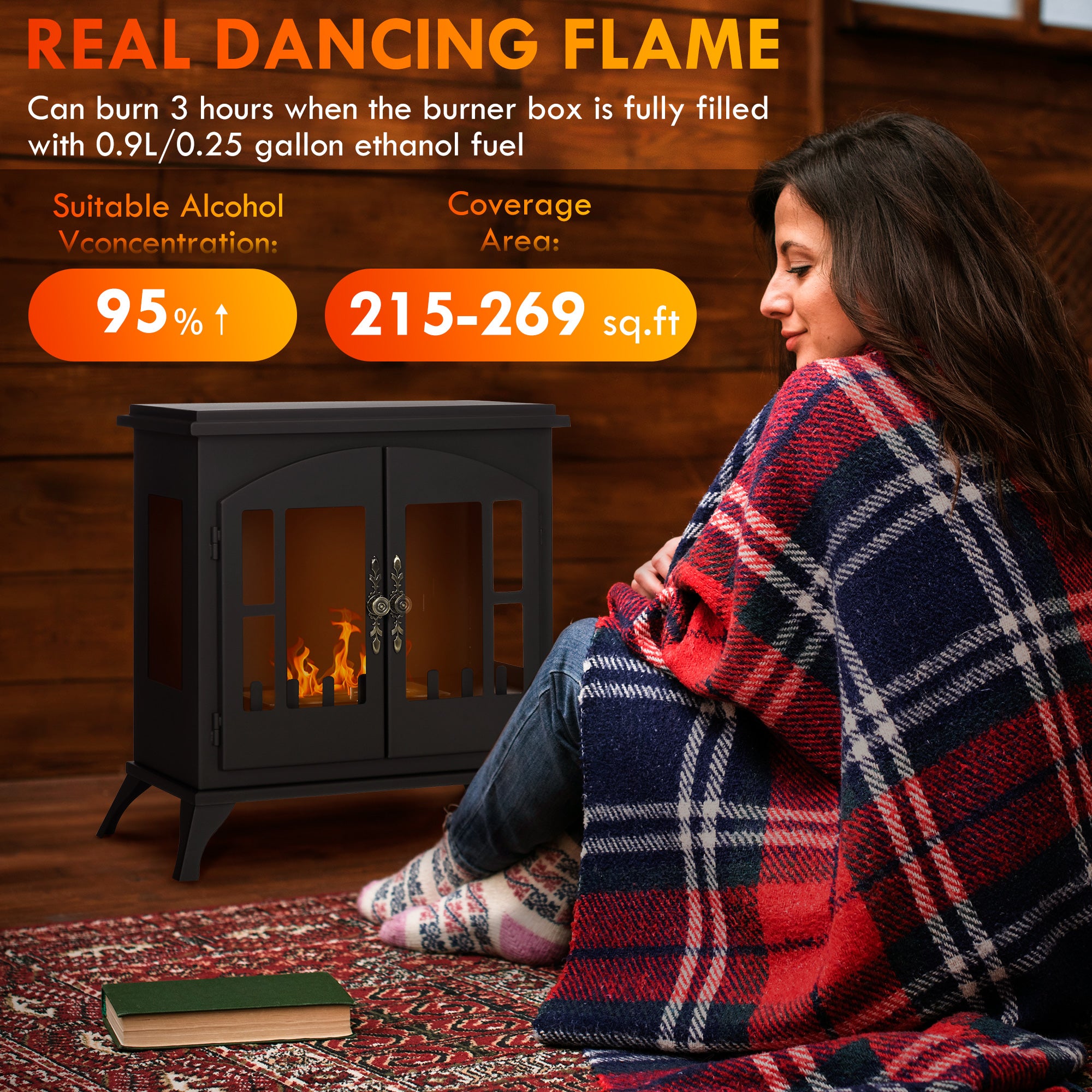 Freestanding Ethanol Fireplace Bioethanol Stove 0.25 Gal Max 269 Sq. Ft. Burns up to 3 Hours Black