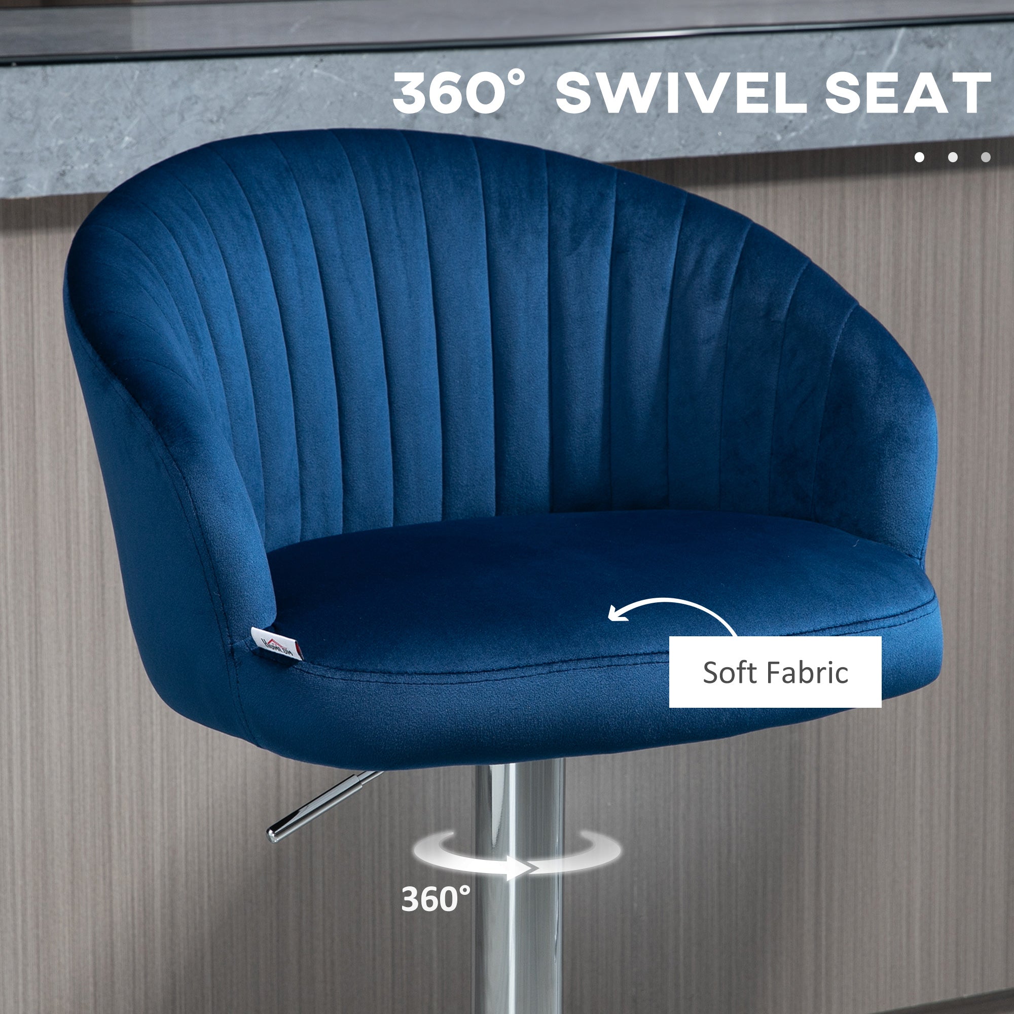 Modern Upholstered Adjustable Barstools with Swivel Seat Velvet Fabric Steel Frame Blue