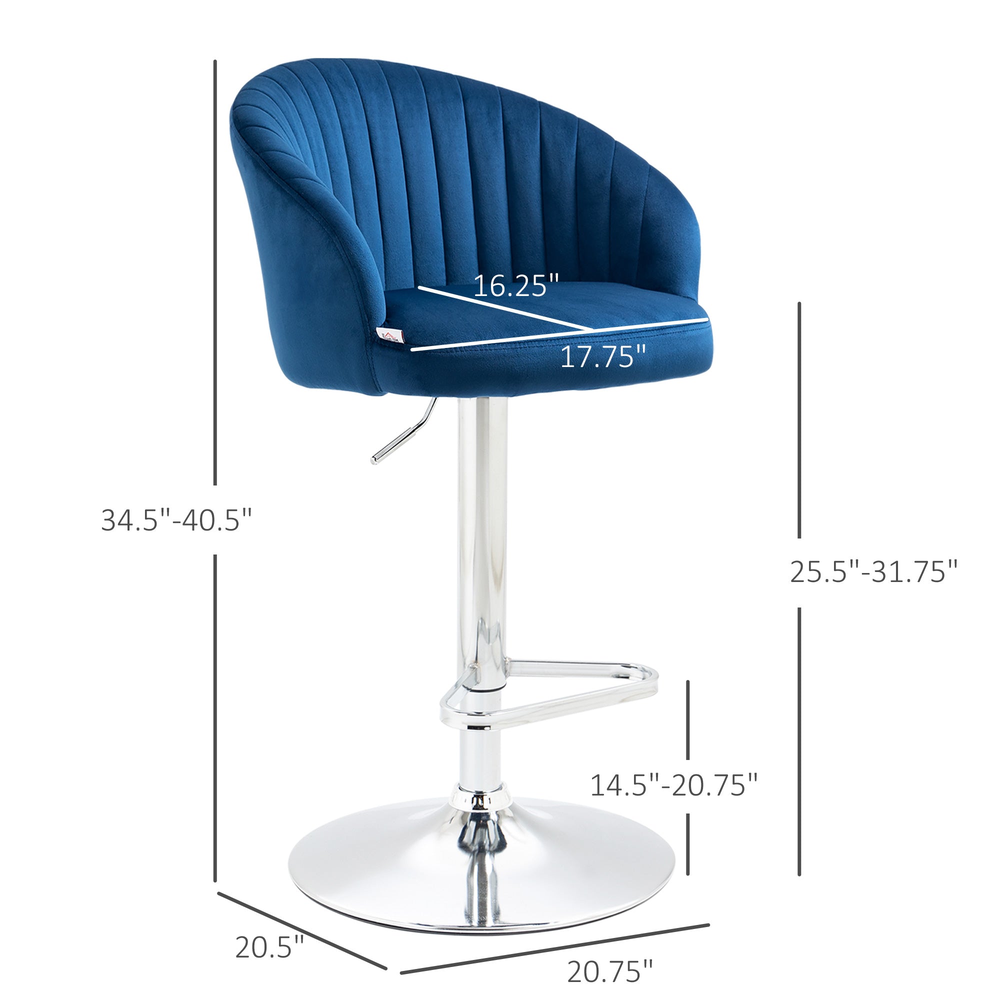 Modern Upholstered Adjustable Barstools with Swivel Seat Velvet Fabric Steel Frame Blue