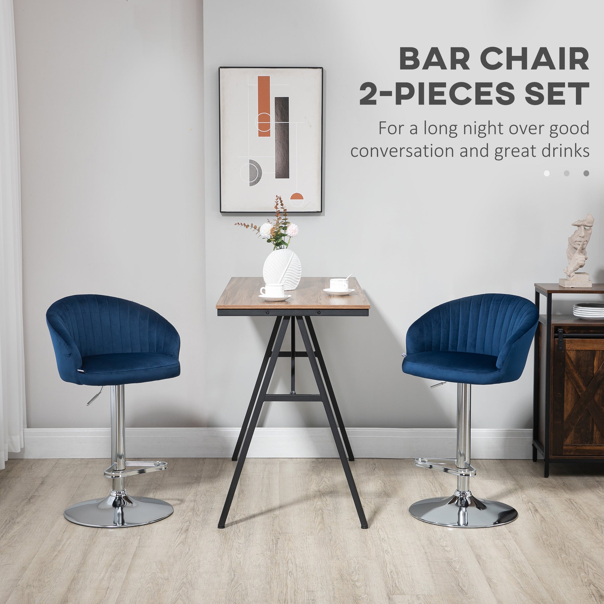 Modern Upholstered Adjustable Barstools with Swivel Seat Velvet Fabric Steel Frame Blue