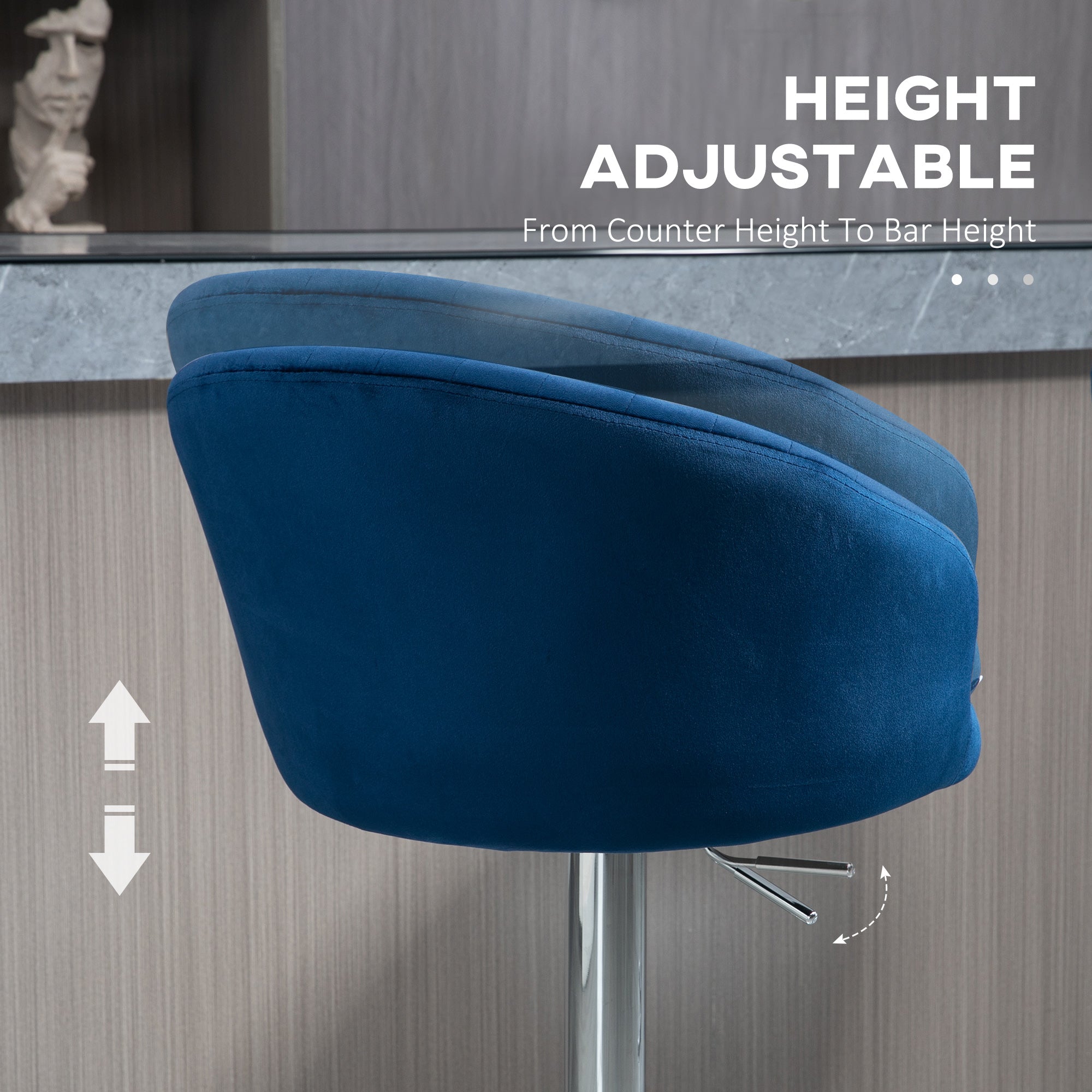 Modern Upholstered Adjustable Barstools with Swivel Seat Velvet Fabric Steel Frame Blue