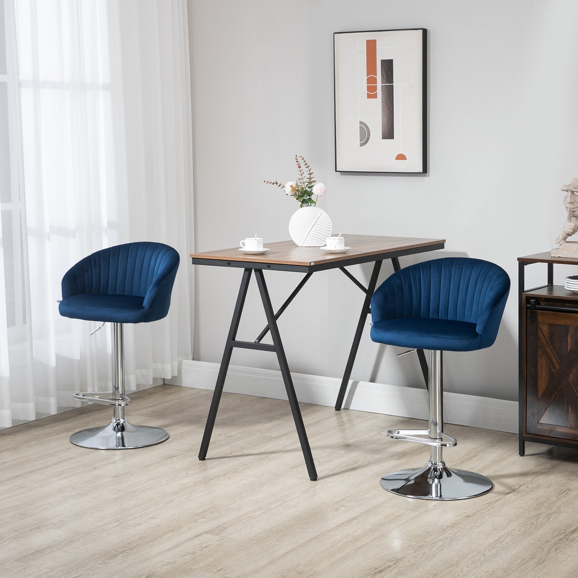 Modern Upholstered Adjustable Barstools with Swivel Seat Velvet Fabric Steel Frame Blue