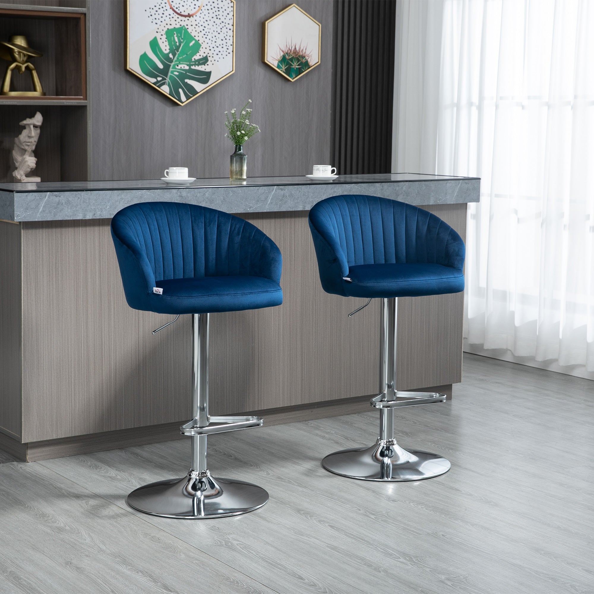 Modern Upholstered Adjustable Barstools with Swivel Seat Velvet Fabric Steel Frame Blue