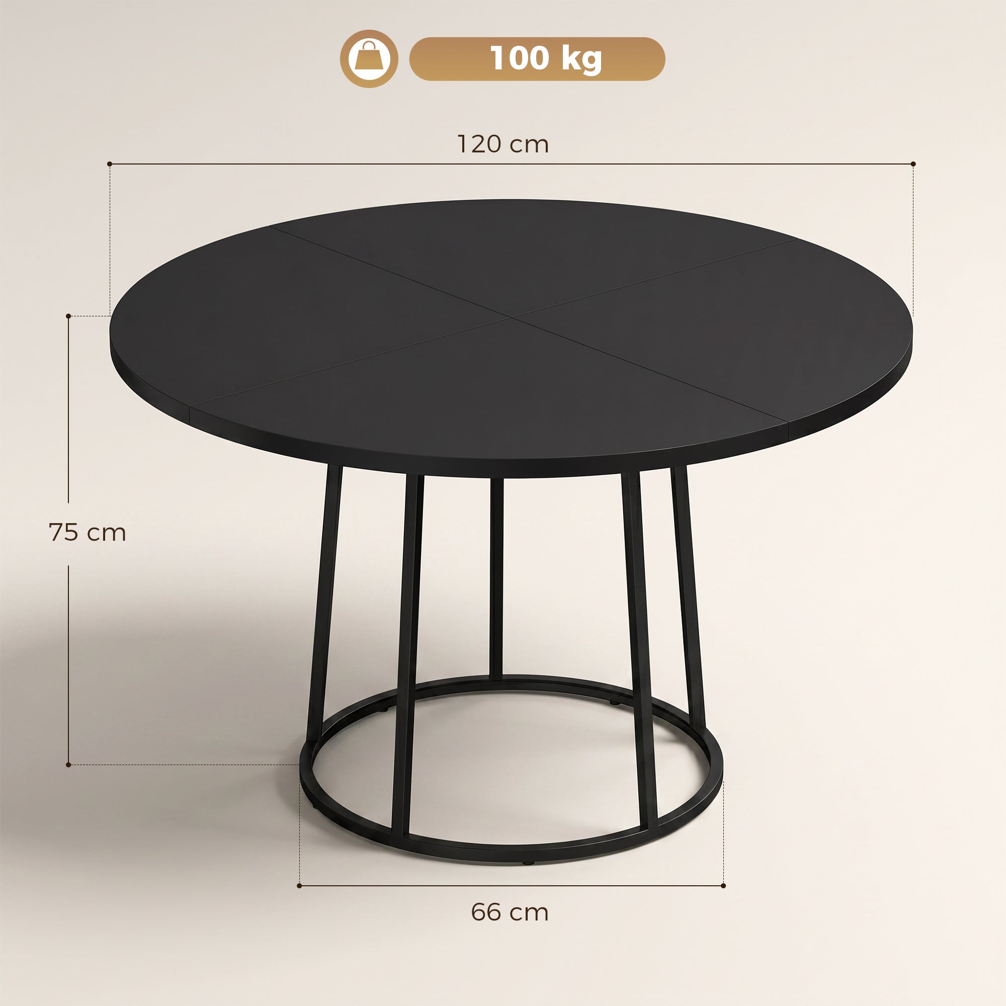 Modern Industrial Dining Table for 4-6 People, 120 cm Round Kitchen Table with Spliced Top and Conical Metal Base for Dining Room, Kitchen, Living Room, Black