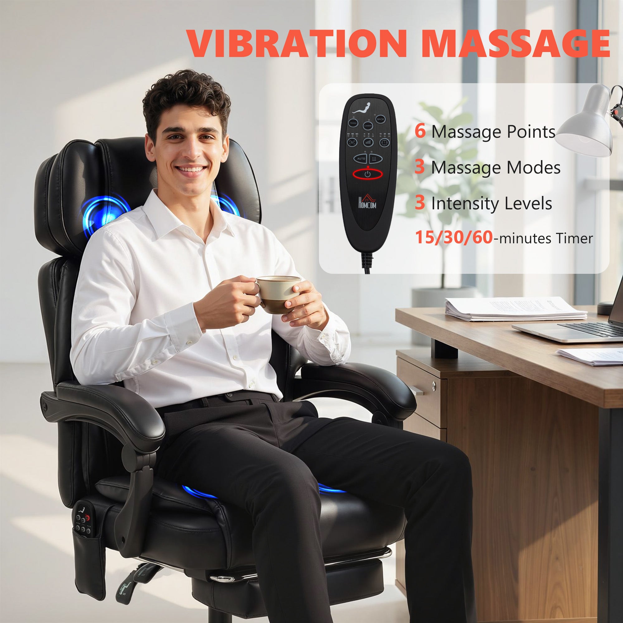 High Back Vibration Massage Office Chair, Heated Reclining PU Leather Computer Chair with Headrest, Footrest, Padded Armrests, Adjustable Height, Swivel Wheels, Remote, Black