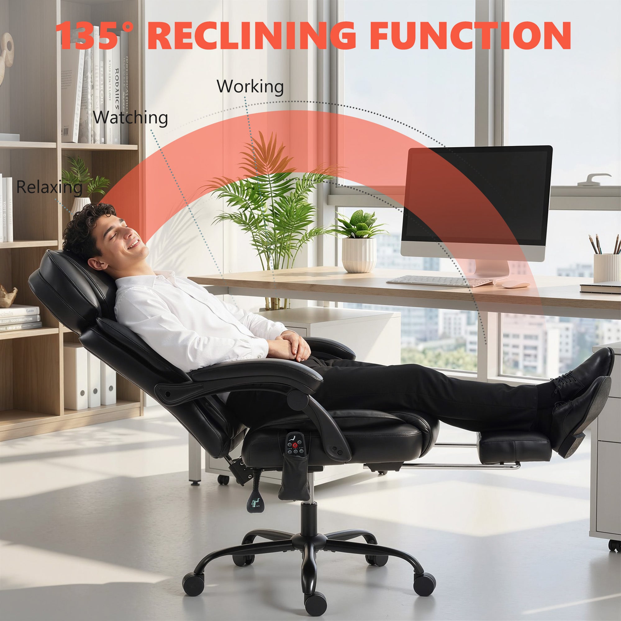 High Back Vibration Massage Office Chair, Heated Reclining PU Leather Computer Chair with Headrest, Footrest, Padded Armrests, Adjustable Height, Swivel Wheels, Remote, Black