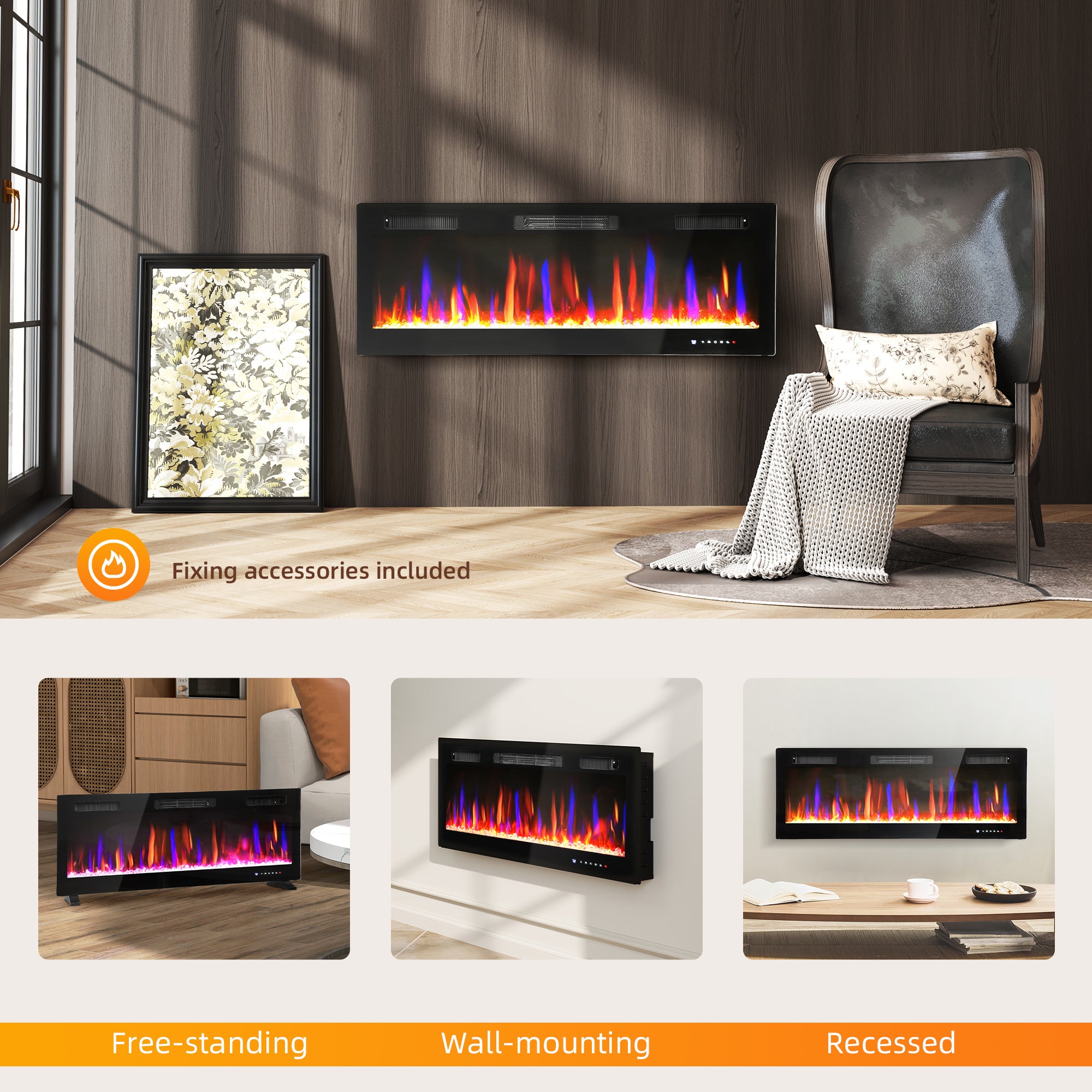 50" Thin Electric Fireplace, Freestanding, Recessed, Wall Mounted Fireplace Heater with Adjustable Flame and Thermostat, Eco Mode, Auto Switch, 12H Timer, Remote, 750/1500W