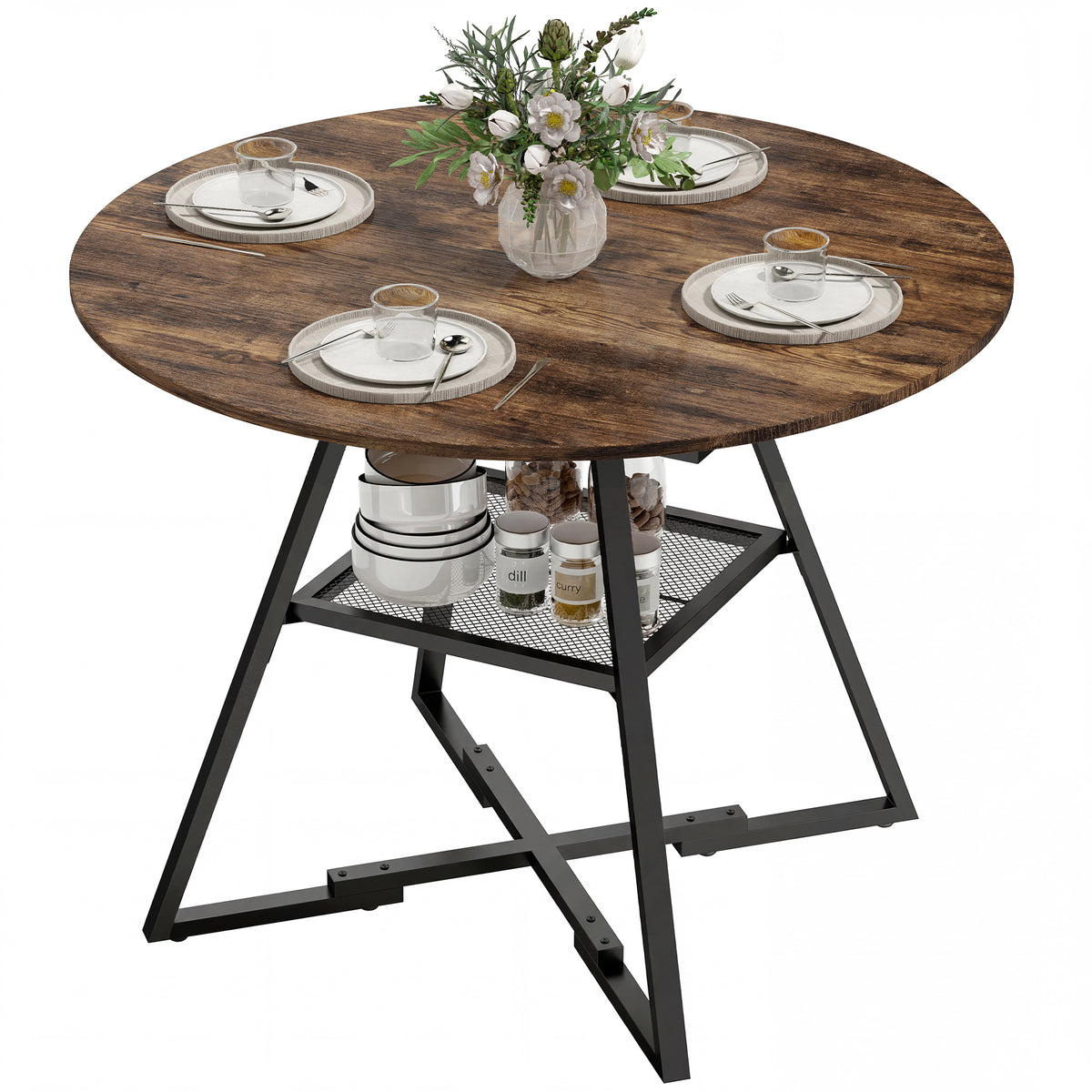 HOMCOM Dining Table for 4 People, 100 cm Round Industrial Kitchen Table ...