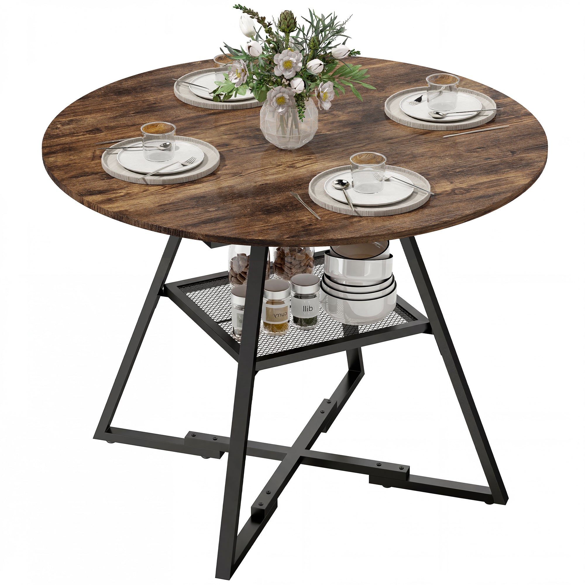 Dining Table for 4 People, 100 cm Round Industrial Kitchen Table with Storage Shelf, Wood Effect Tabletop, Metal Base for Kitchen, Dining Room, Living Room, Rustic Brown
