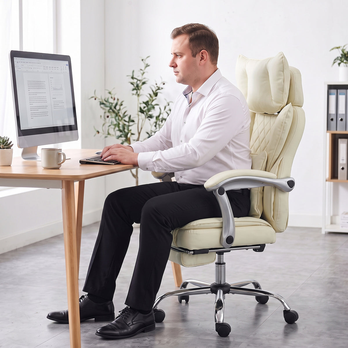 Executive Office Chair, 180kg Big and Tall PU Leather Desk Chair with Adjustable Headrest, Lumbar Support, Wide Seat, Reclining Back, Footrest, Swivel Wheels, Beige
