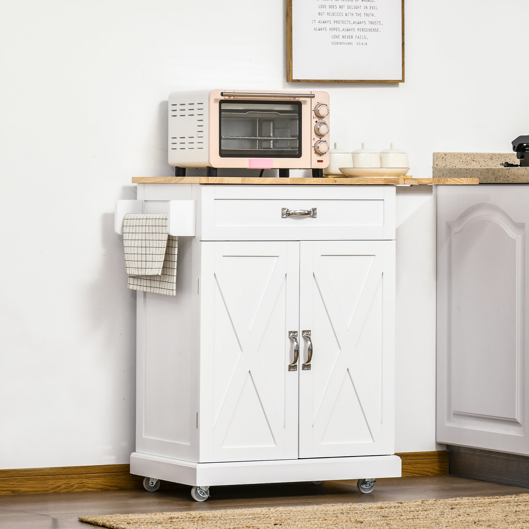 HOMCOM Foldable Kitchen Island with Storage Drawer, Farmhouse Style Rolling Utility Cart, Coffee Bar Cabinet on Wheels with Drop-Leaf Wood Top (White)